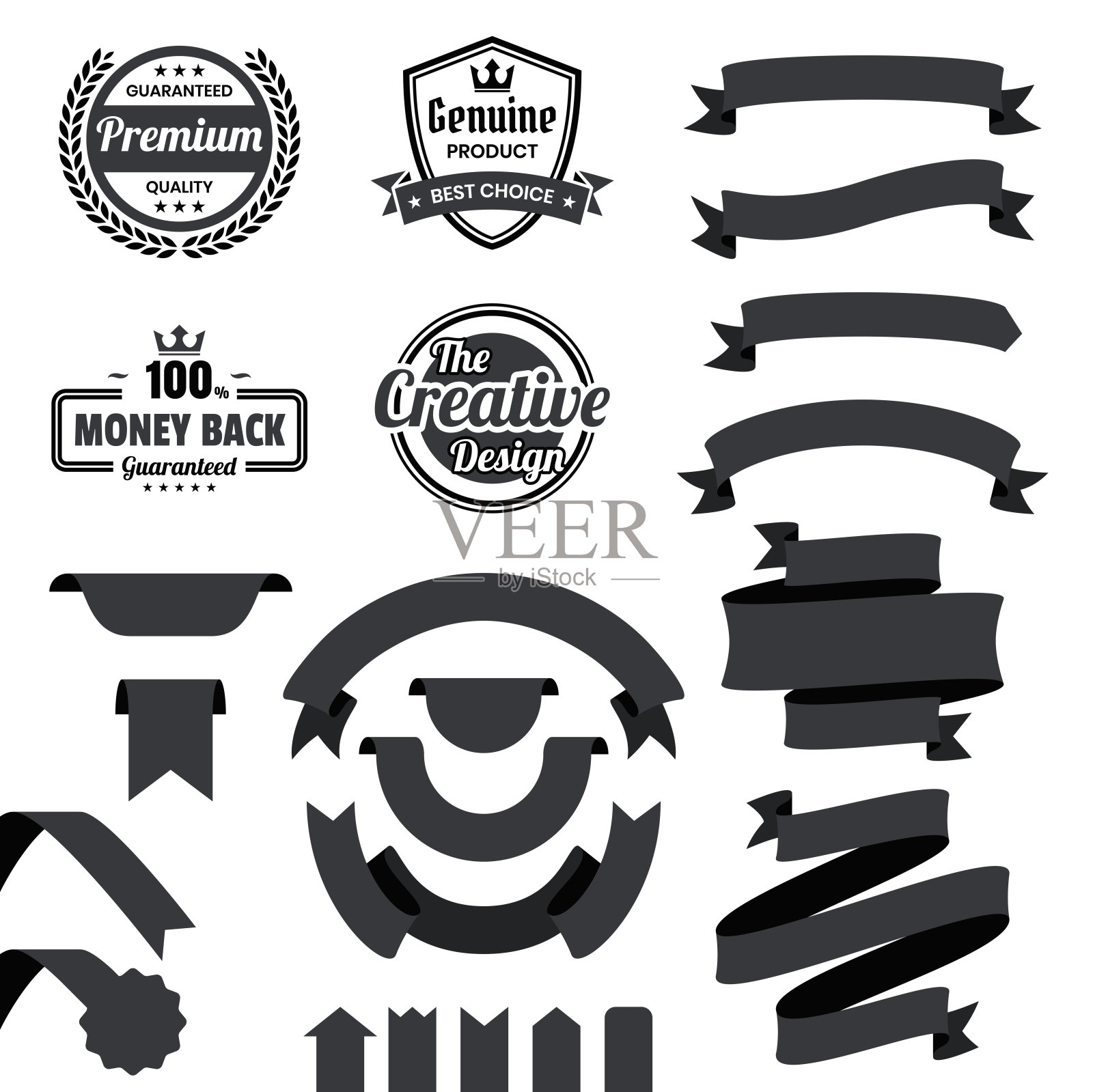 黑色丝带,横幅,徽章,标签-白色背景上的设计元素插画图片素材