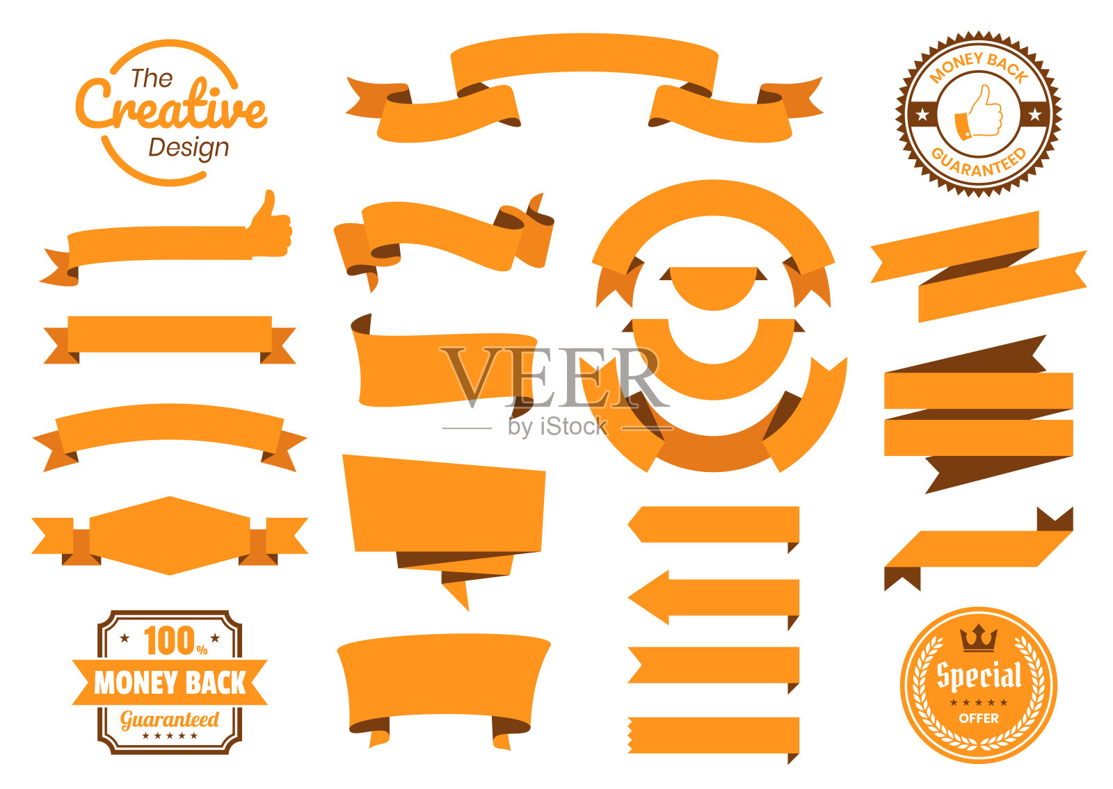 一套橙色丝带,横幅,徽章,标签-设计元素在白色的背景插画图片素材