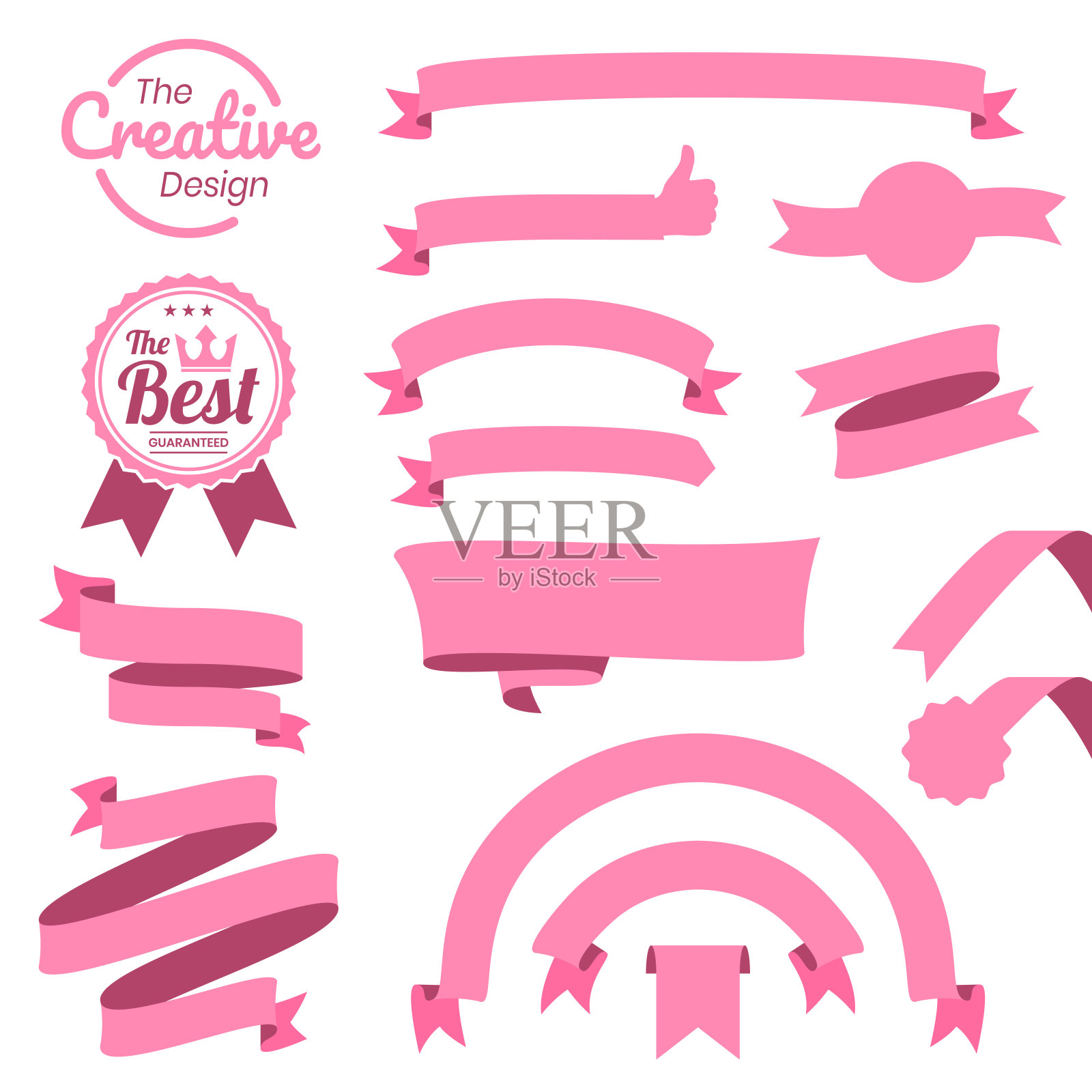 套粉红色的缎带,横幅,徽章,标签-在白色背景上的设计元素插画图片素材