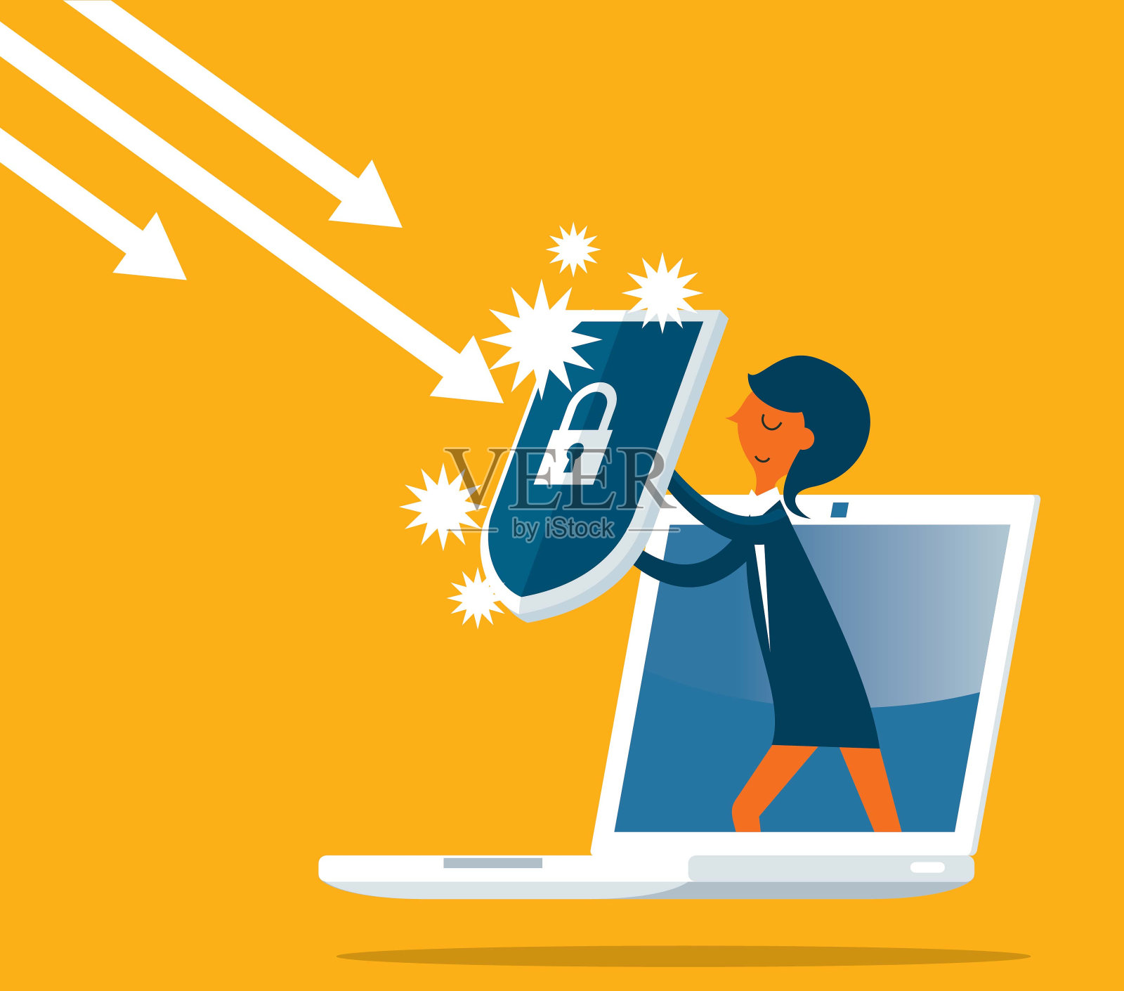 女商人带着盾牌从电脑里出来插画图片素材