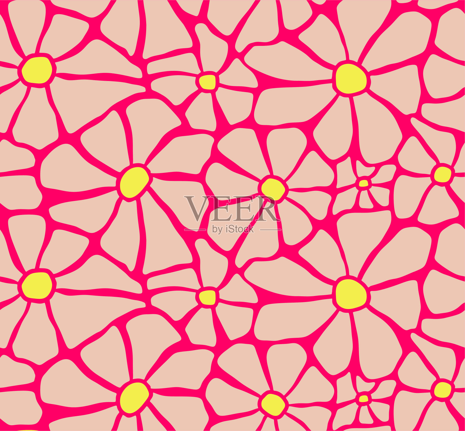 有机形状美学印花新潮的调色板。抽象的雏菊花无缝图案在groovy迷幻时髦的风格。夏季花卉装饰。弯曲的迷幻。插画图片素材