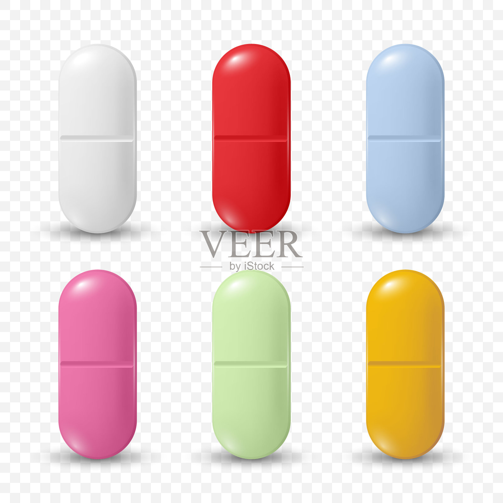 矢量现实椭圆医药药丸,药片,维生素,胶囊设置近距离隔离。药丸设计模板,集合。前视图。医学、健康理念插画图片素材