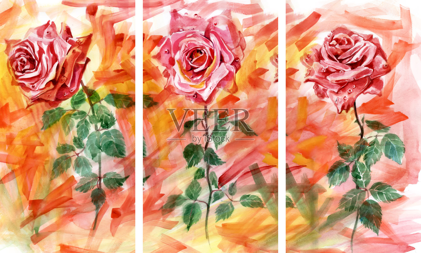 玫瑰水彩画。三花。模块化的形象。传统绘画插画图片素材