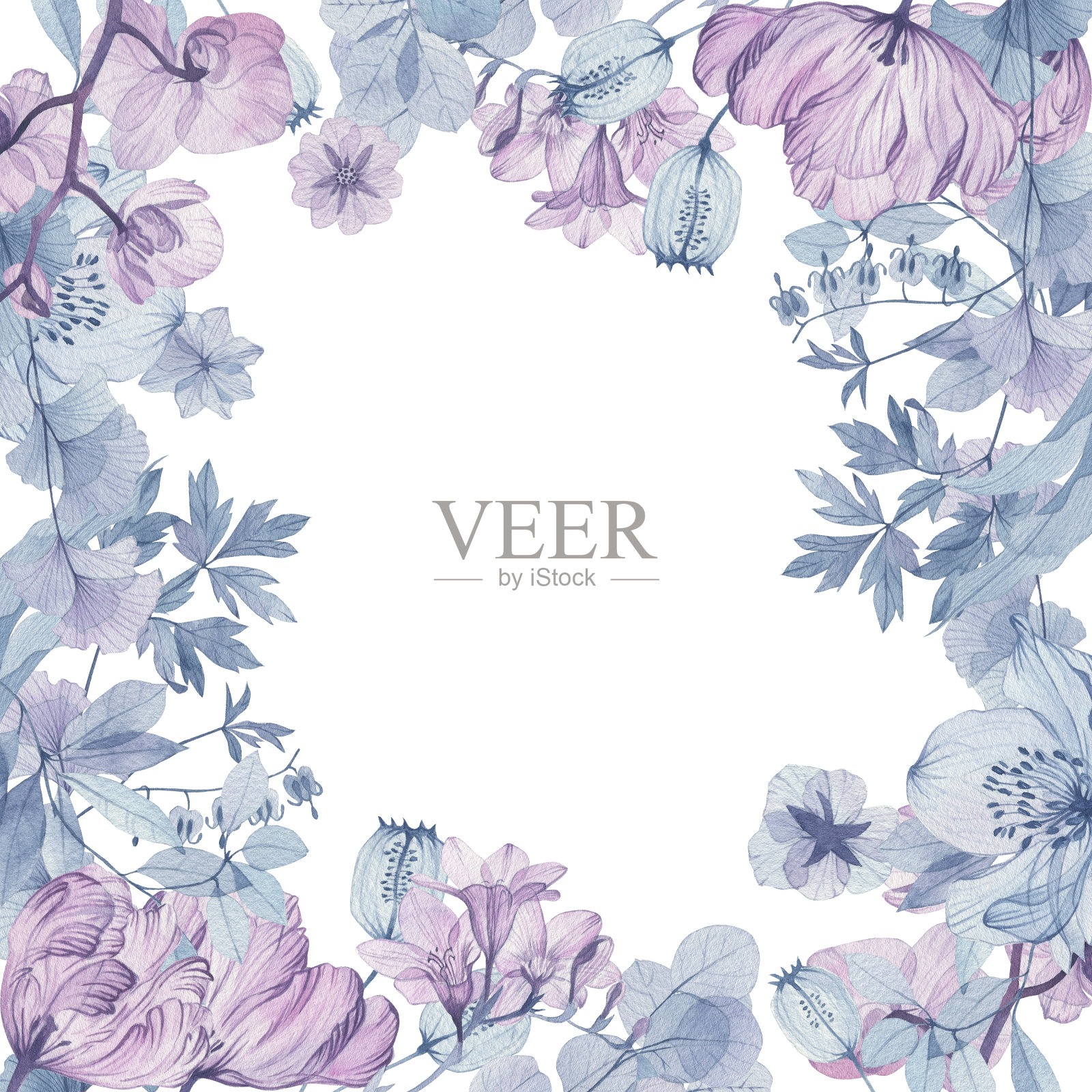 水彩透明花束安排玫瑰,风铃花,芽,叶,枝在柔和的粉红色,灰色,蓝色,紫色,紫色复古装饰,边框,角落,婚礼设计,框架插画图片素材