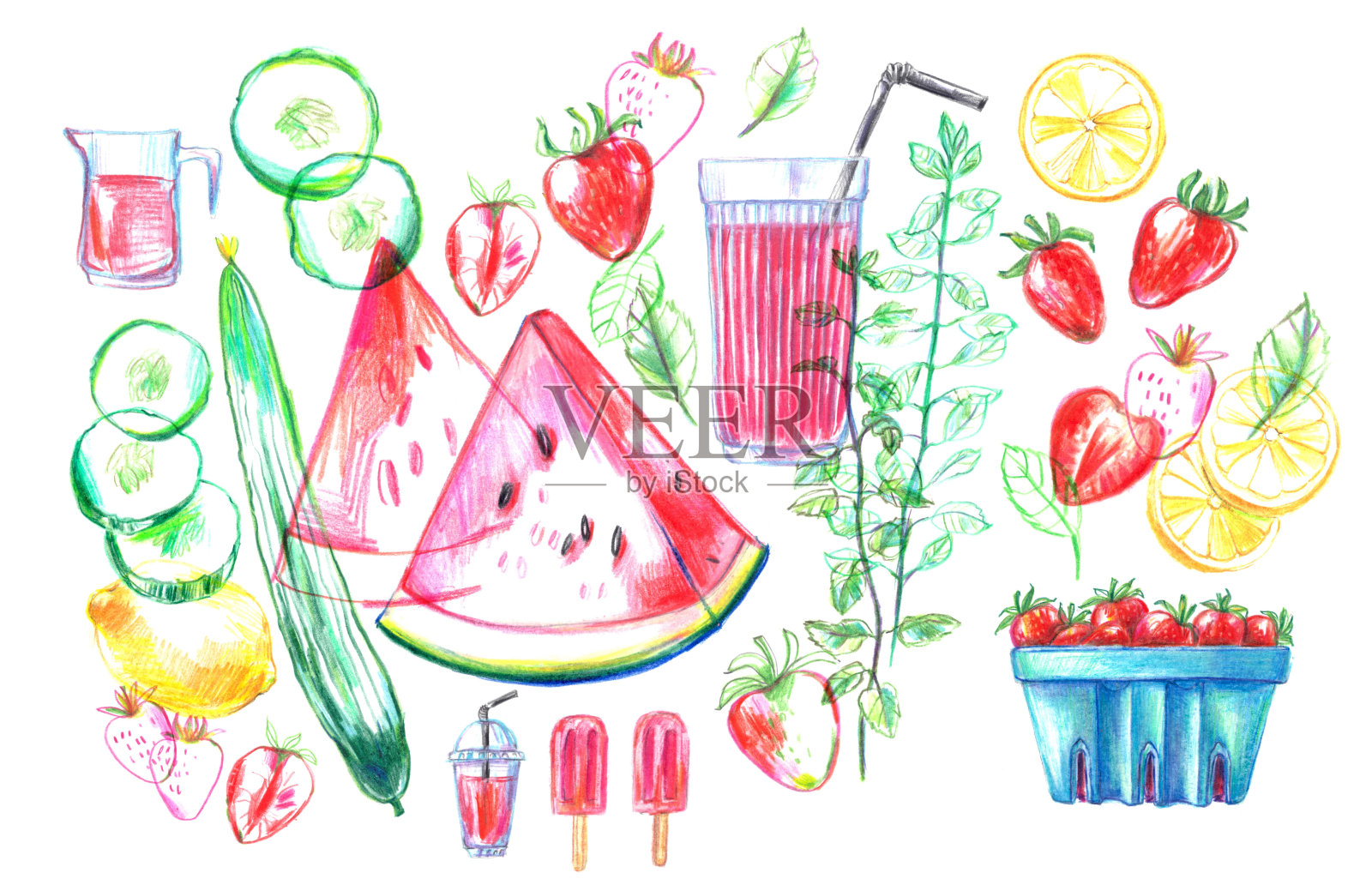 手绘夏季奶昔配方插图,玻璃和配料海报。插画图片素材