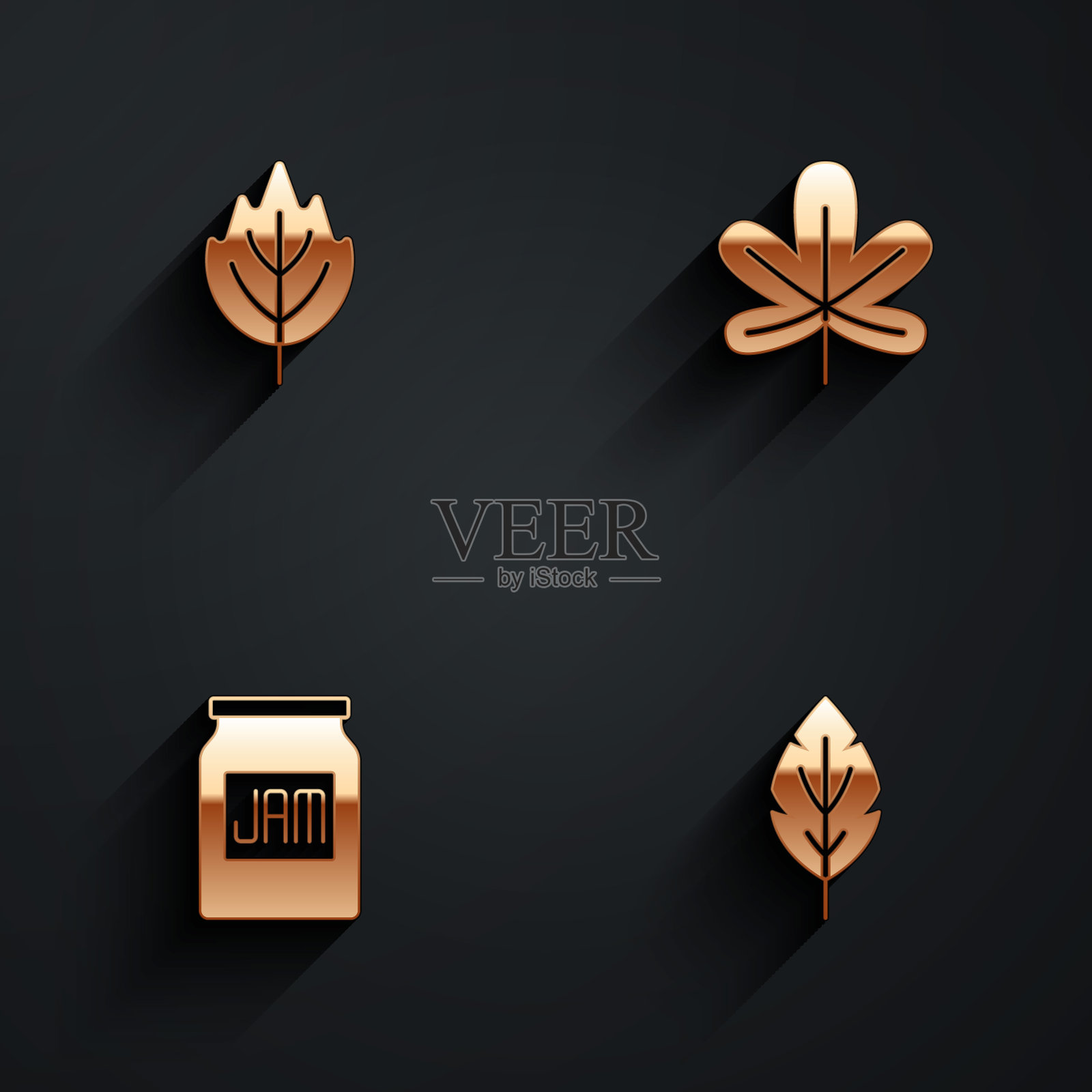 集叶,栗叶,果酱罐和图标与长阴影。向量图标素材