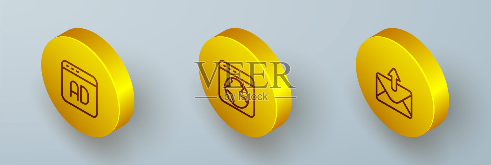 设置等距线广告,全球和邮件和电子邮件图标。向量图标素材