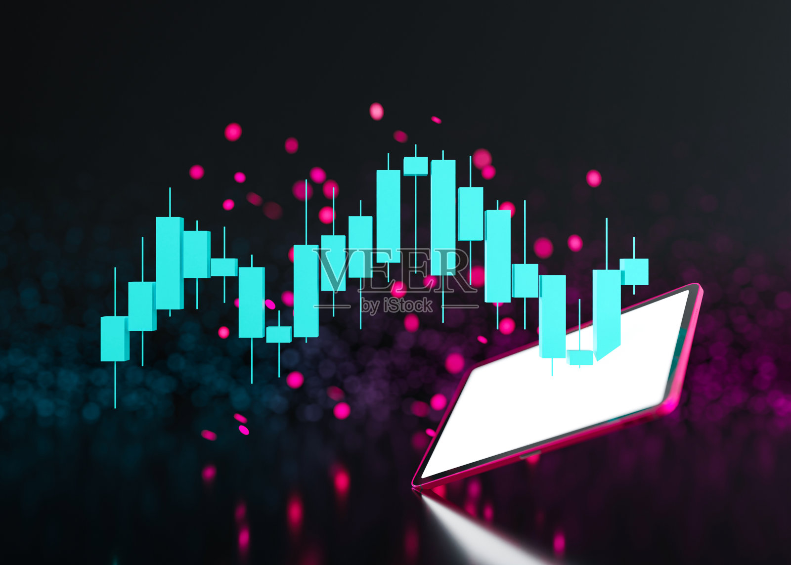 交易图表和智能手机。用手机交易。在股市上买进、卖出。股票交易数据图表与日本棍棒。交易员工作,在家交易。投资、金融和分析。3 d。照片摄影图片