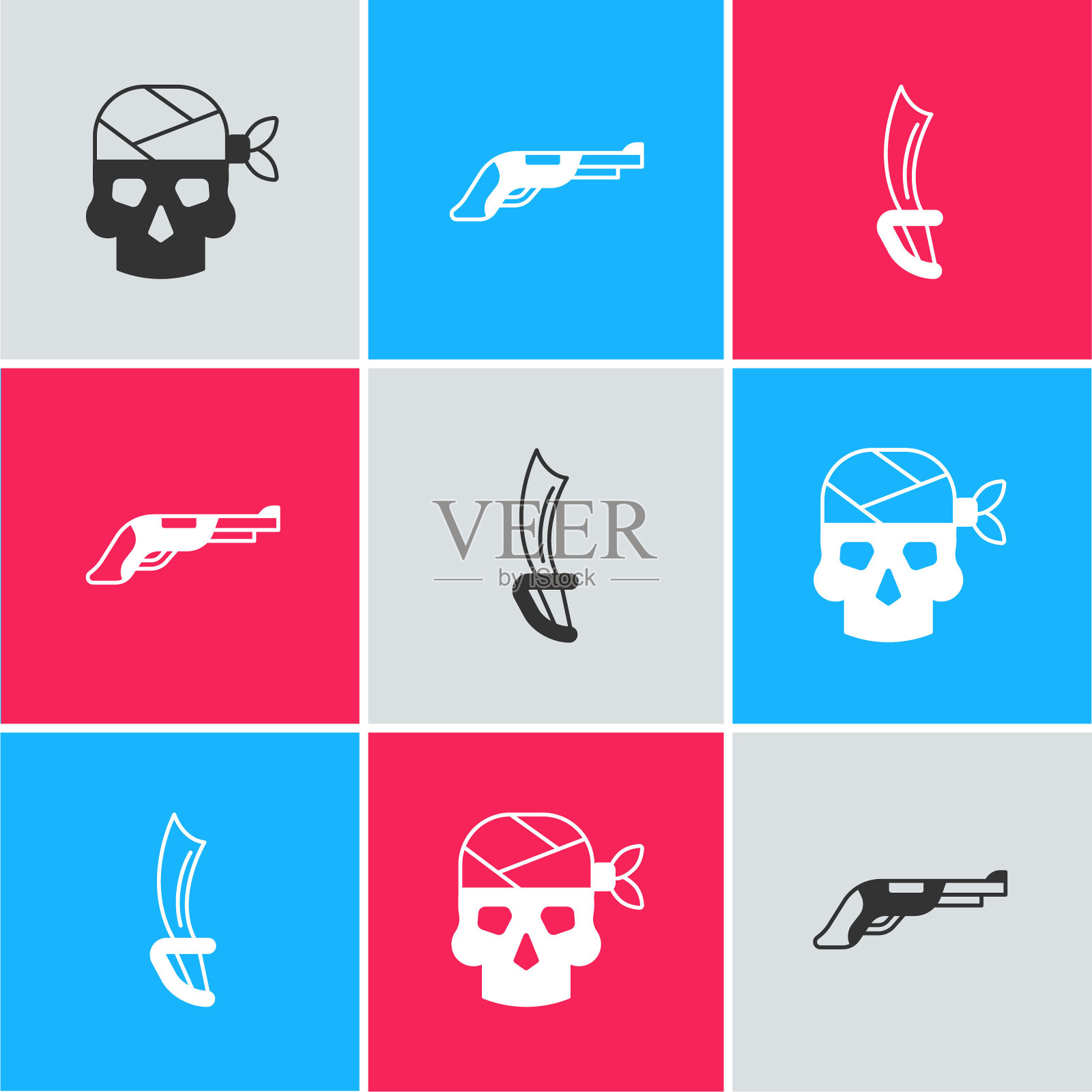 设置海盗船长,老式手枪和剑的图标。向量插画图片素材