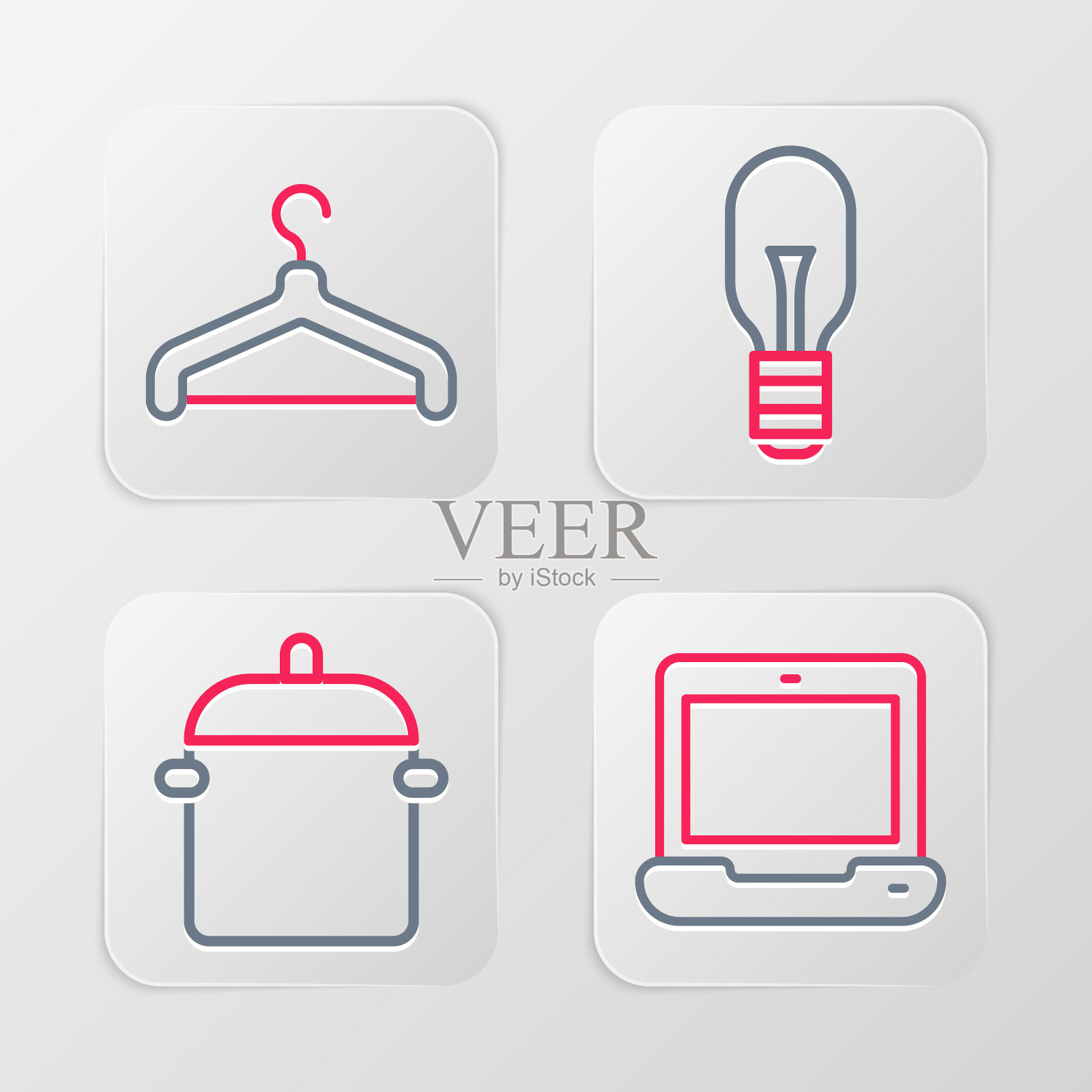 设置线笔记本电脑,烹饪锅,灯泡和衣架衣柜图标。向量图标素材