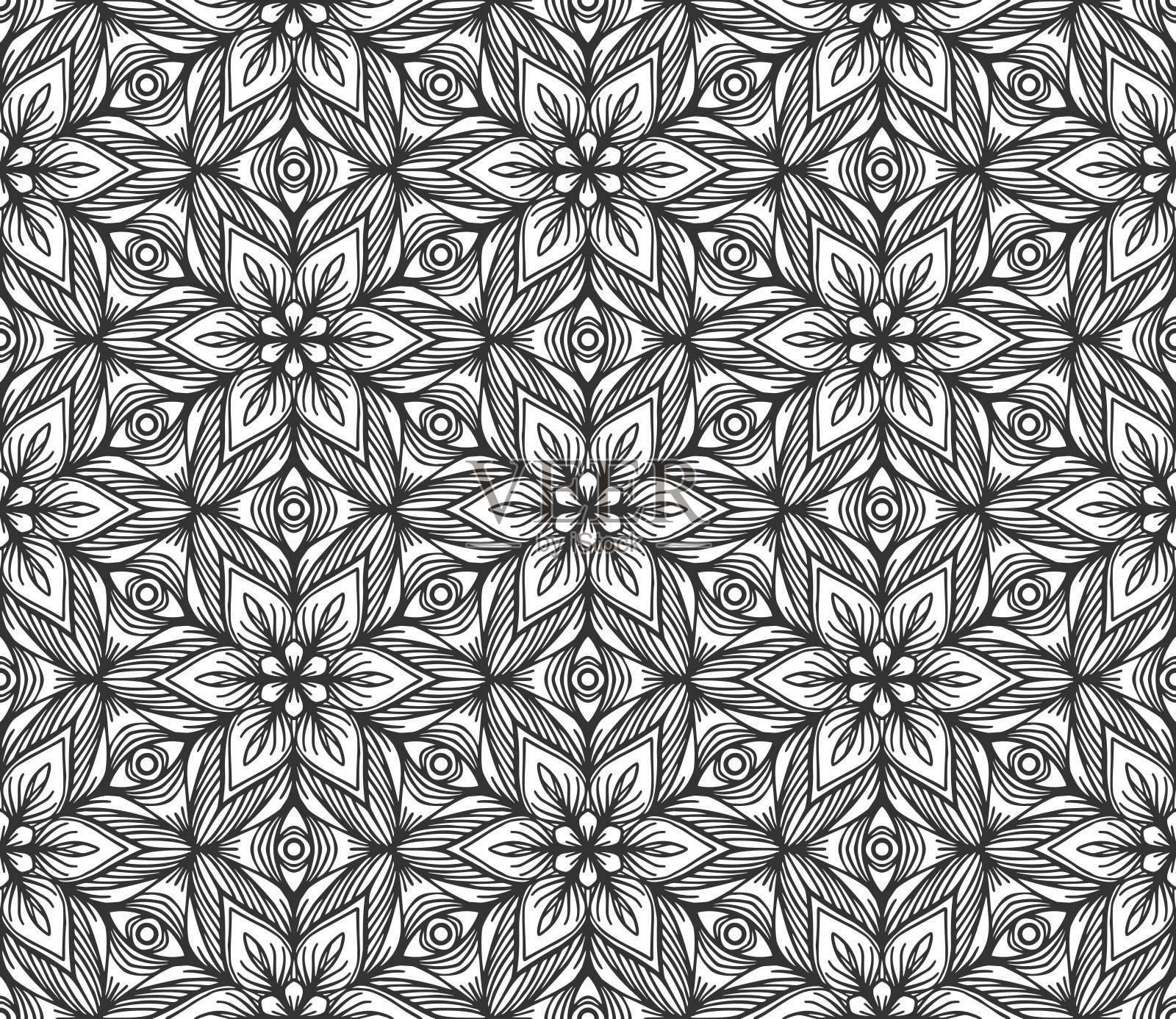 抽象的黑色花无缝图案瓷砖插画图片素材