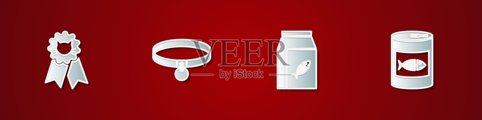 设置猫奖励标志,领,袋食物的猫和罐头图标。向量插画图片素材