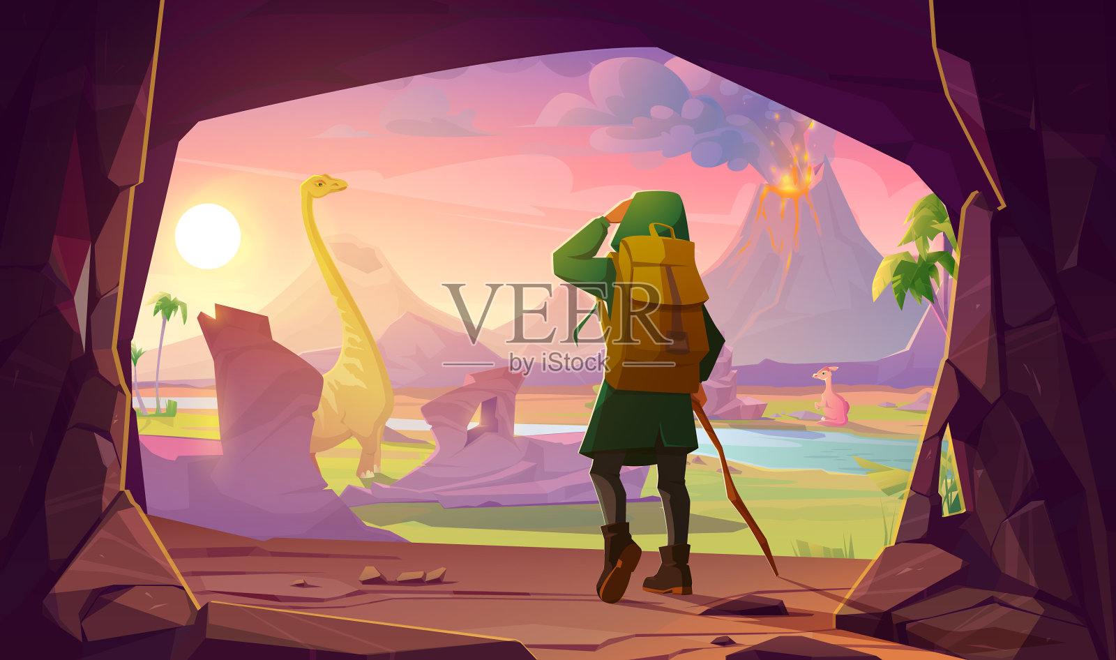 旅行者站在洞穴前俯瞰侏罗纪时代插画图片素材