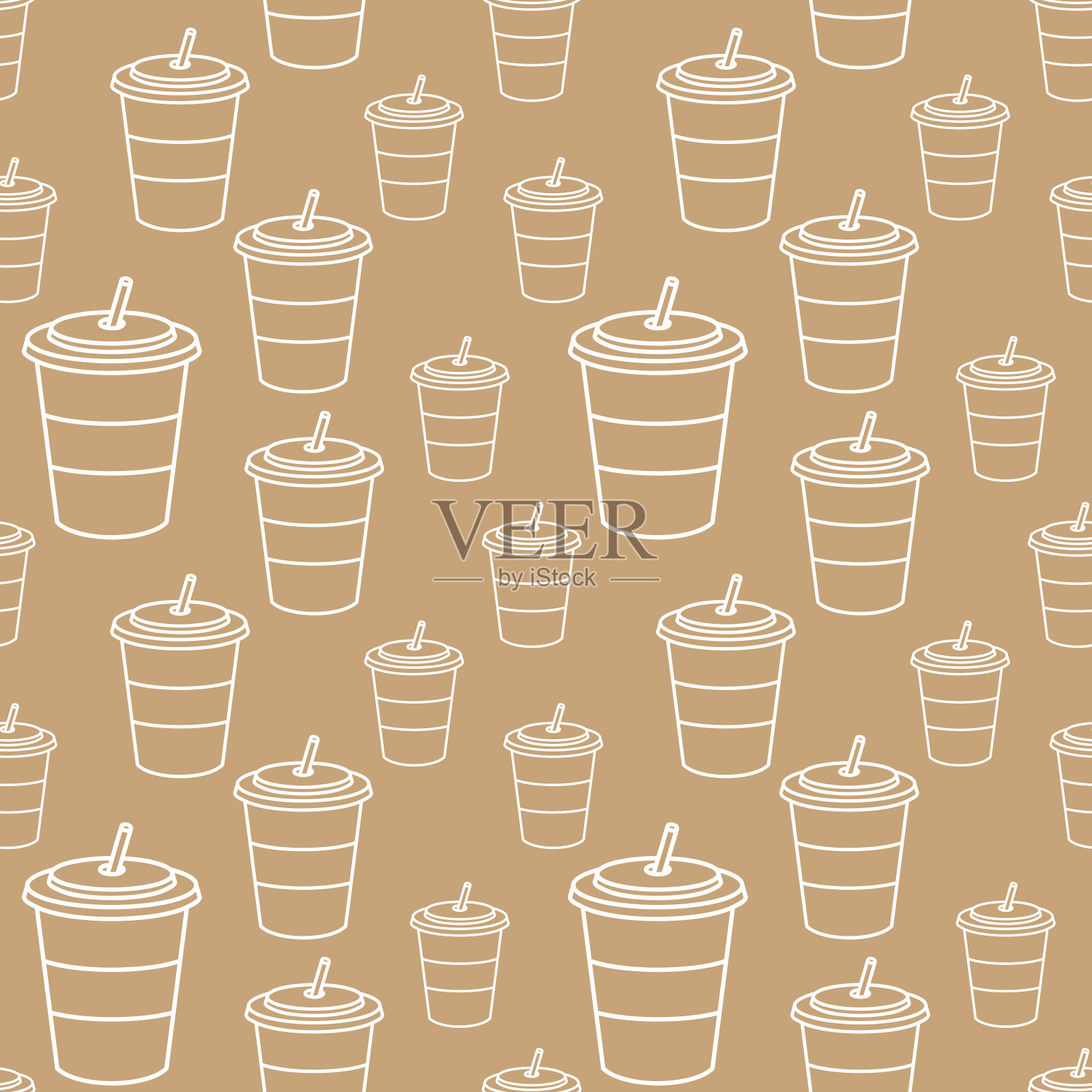 快餐饮料杯无缝图案。塑料杯质地的工艺背景织物,包装纸,着色页。插画图片素材