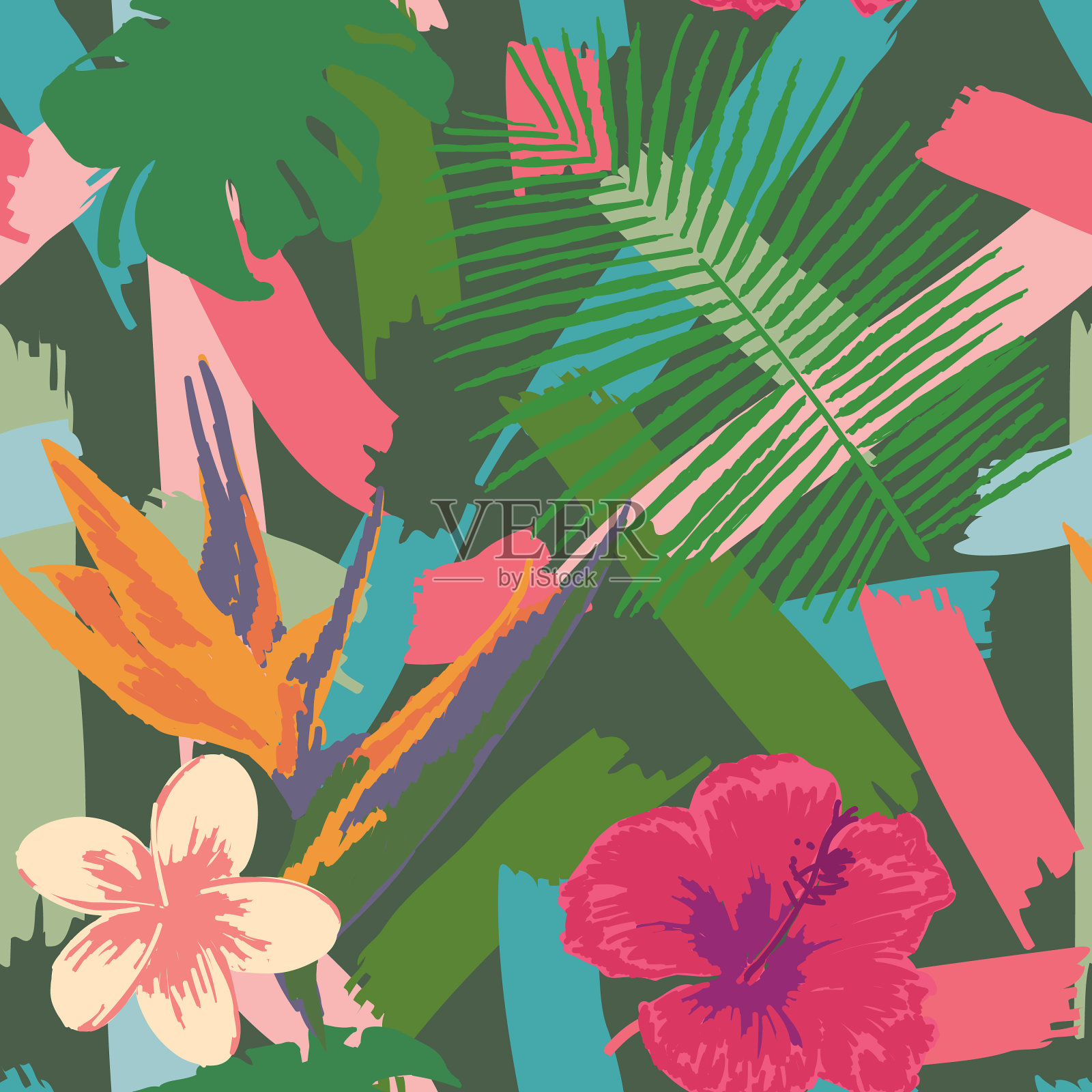 20世纪80年代休闲灌木热带植物和花卉无缝图案插画图片素材