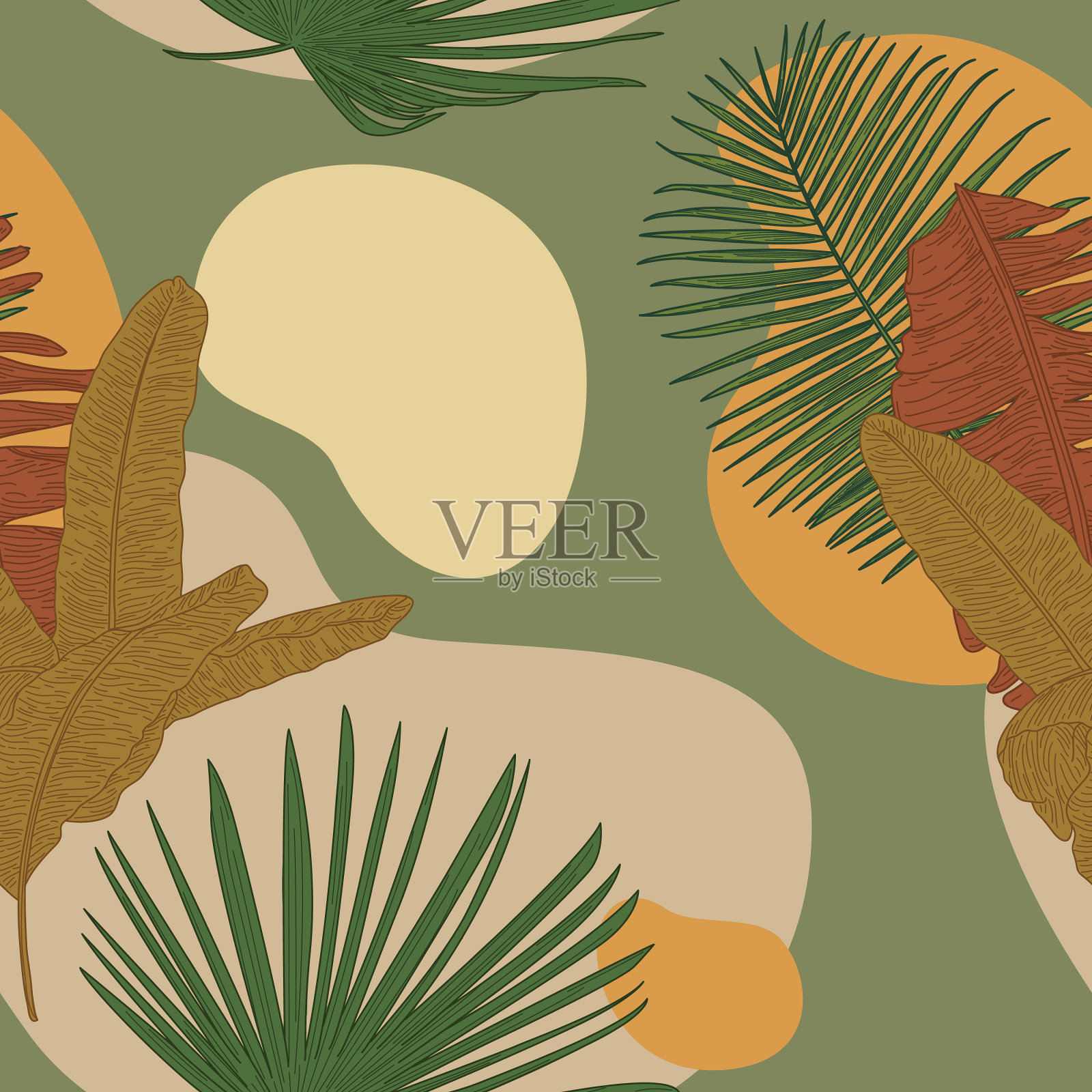 大地日落热带叶无缝模式插画图片素材