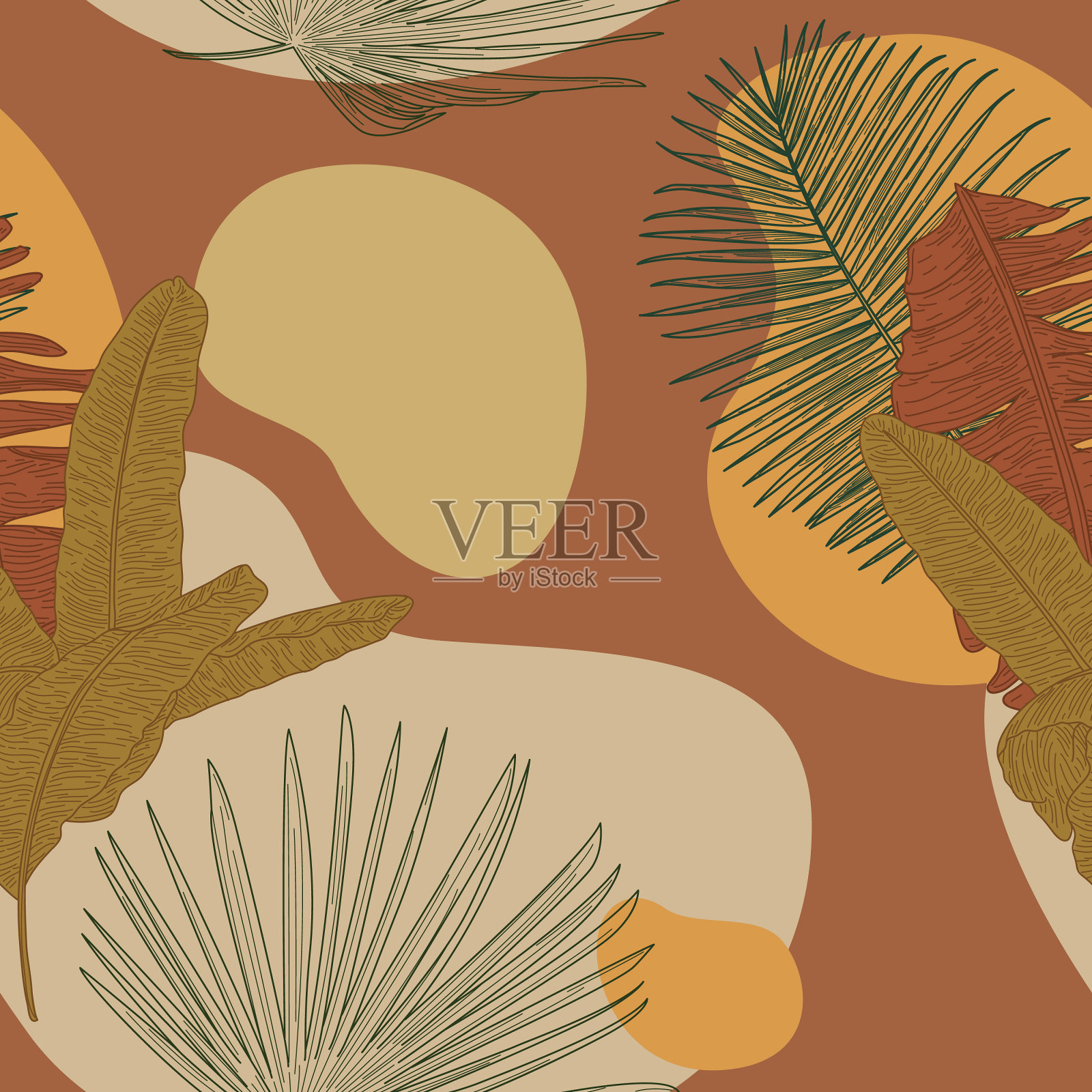 大地日落热带叶无缝模式插画图片素材