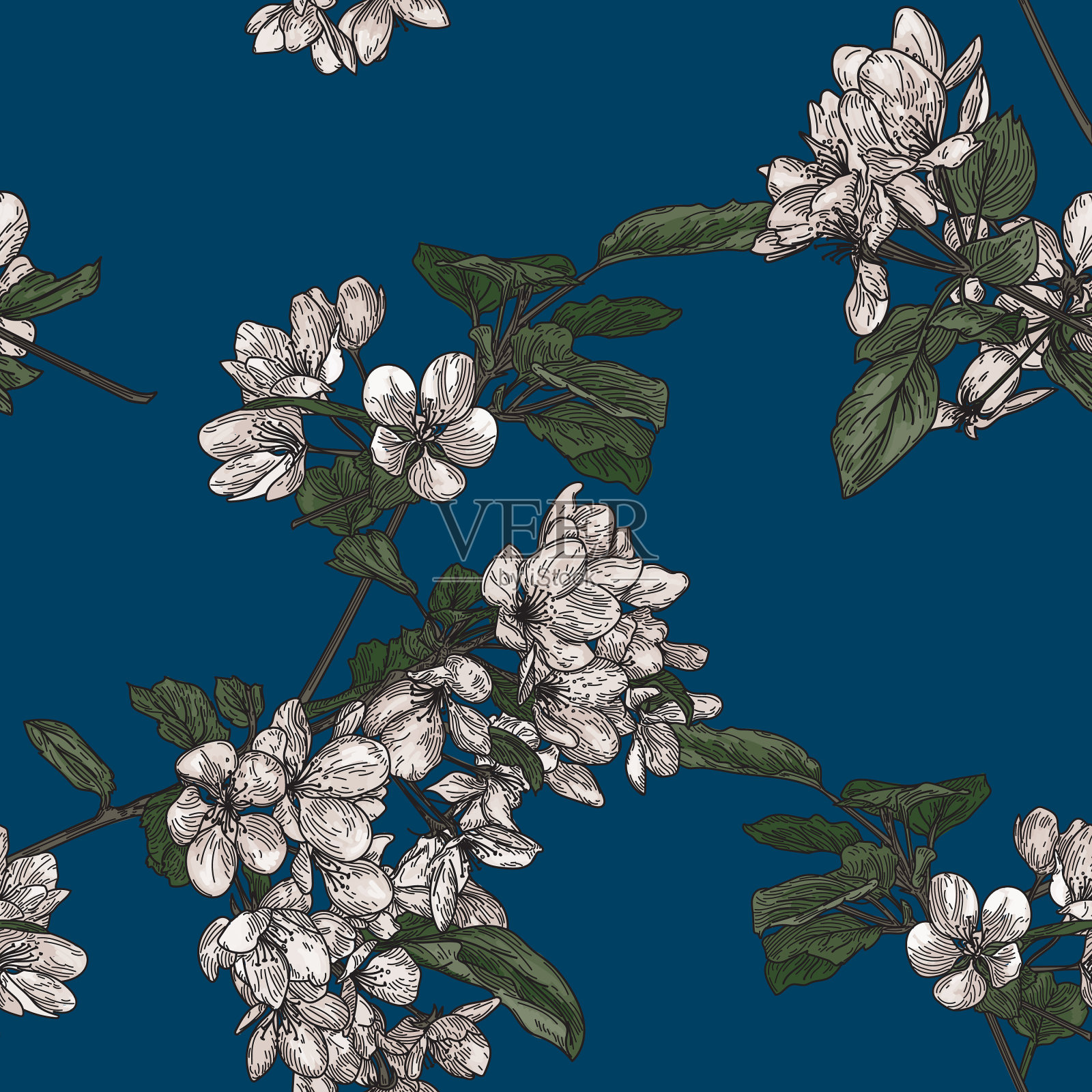 无缝海棠花树图案插画图片素材