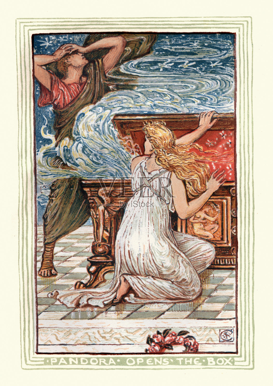 潘多拉的盒子,潘多拉打开盒子将邪恶释放到世界上,希腊神话,寓言,好奇插画图片素材