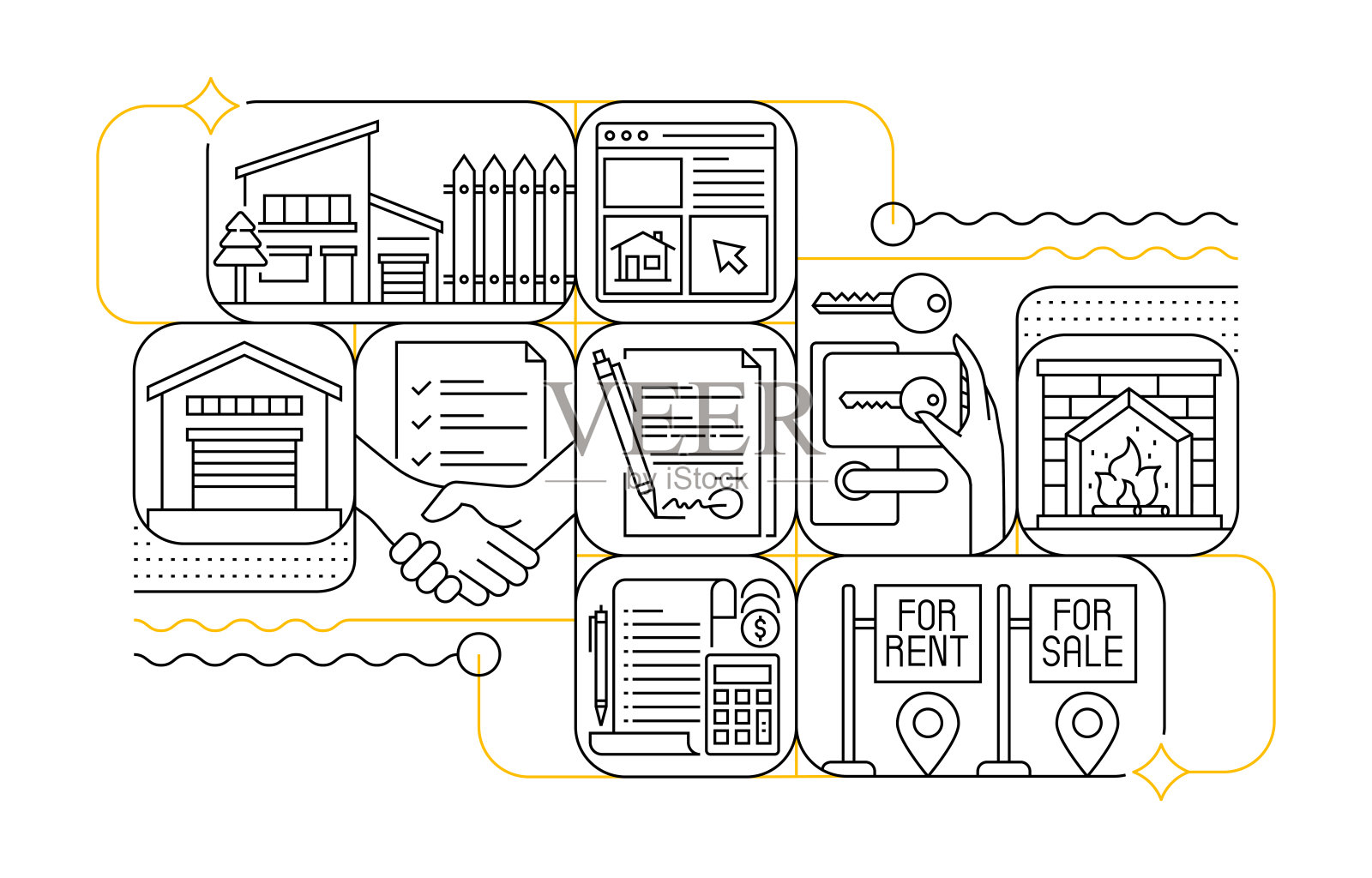 房地产线图标设置和横幅设计插画图片素材