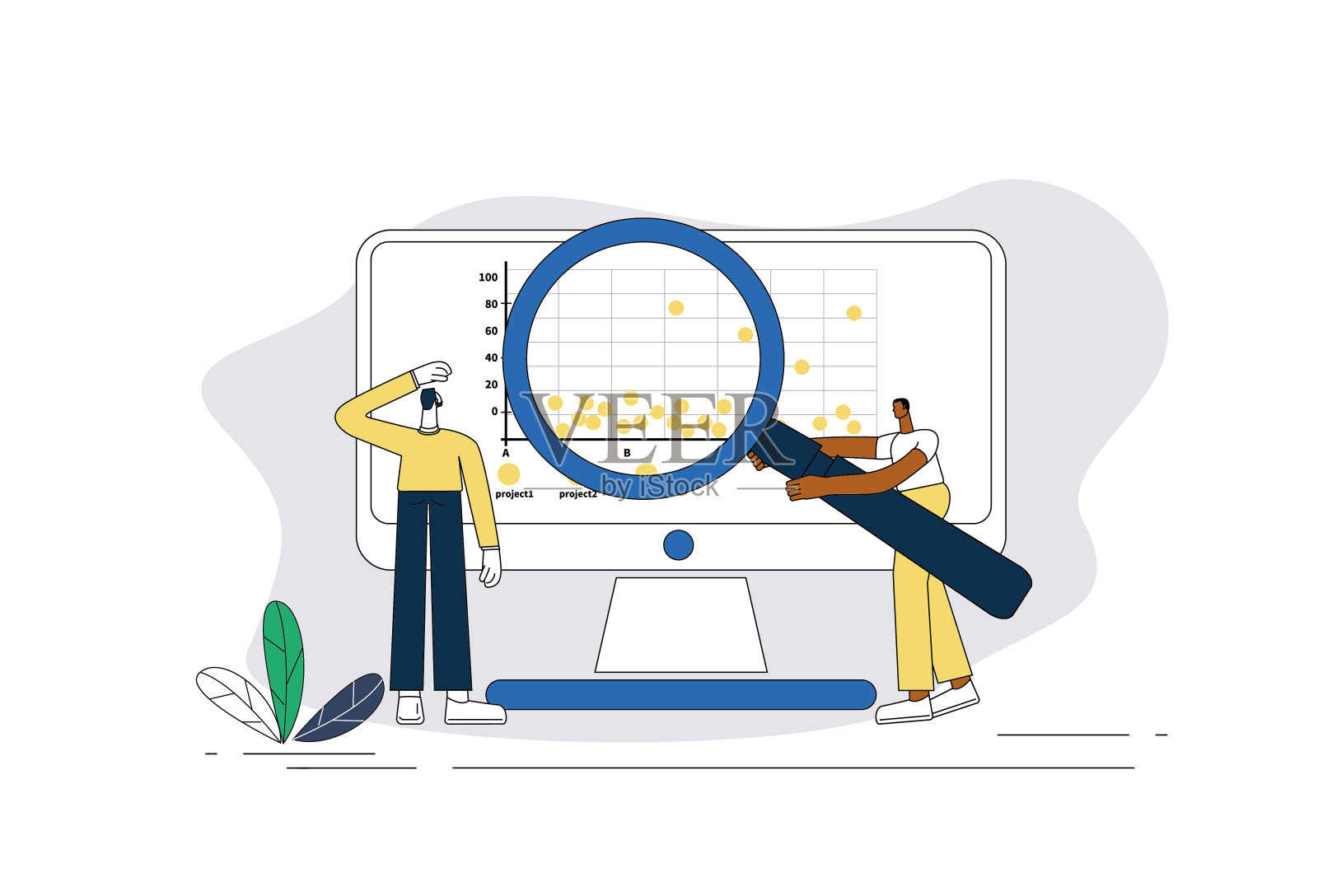 两名白领正在用放大镜库存图分析数据表插画图片素材