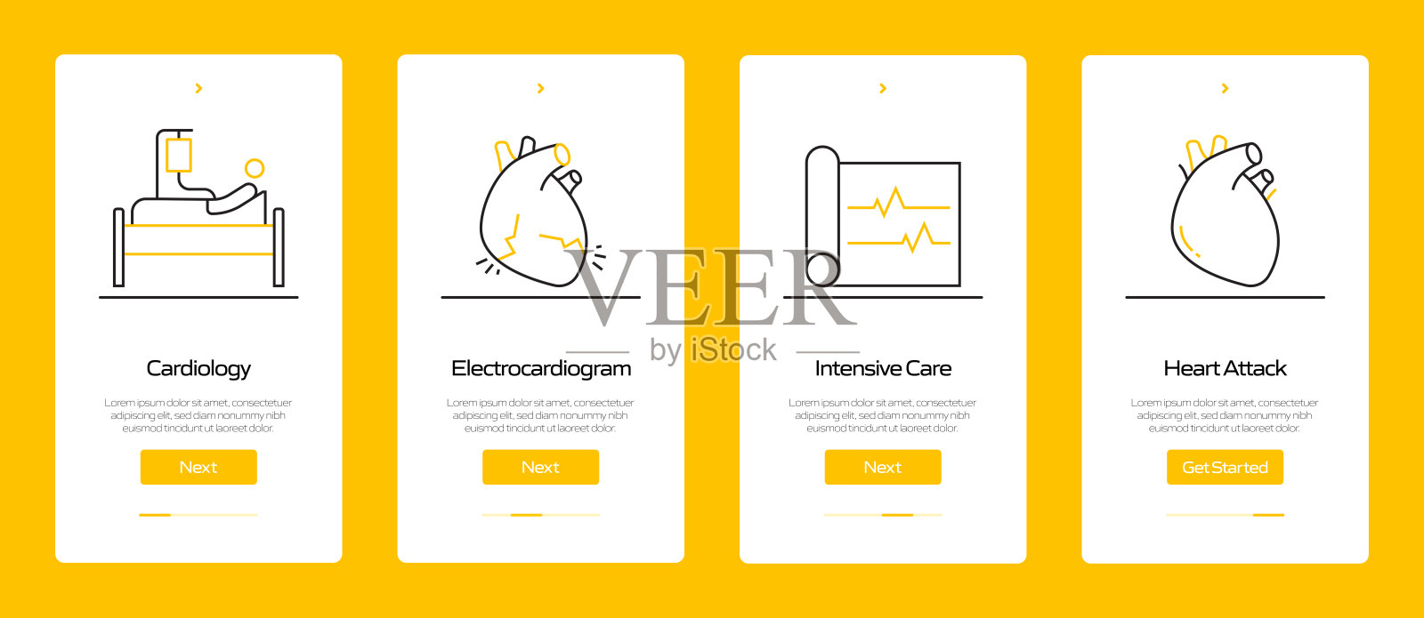 带图标的移动应用程序页面屏幕上的医疗保健和医疗概念。用户体验,用户界面设计模板矢量插图插画图片素材