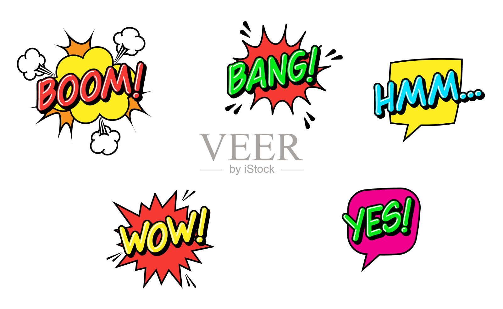 表达文本砰,砰,嗯,哇,是的。卡通演讲泡泡。漫画复古对话。惊喜或爆炸符号插画图片素材