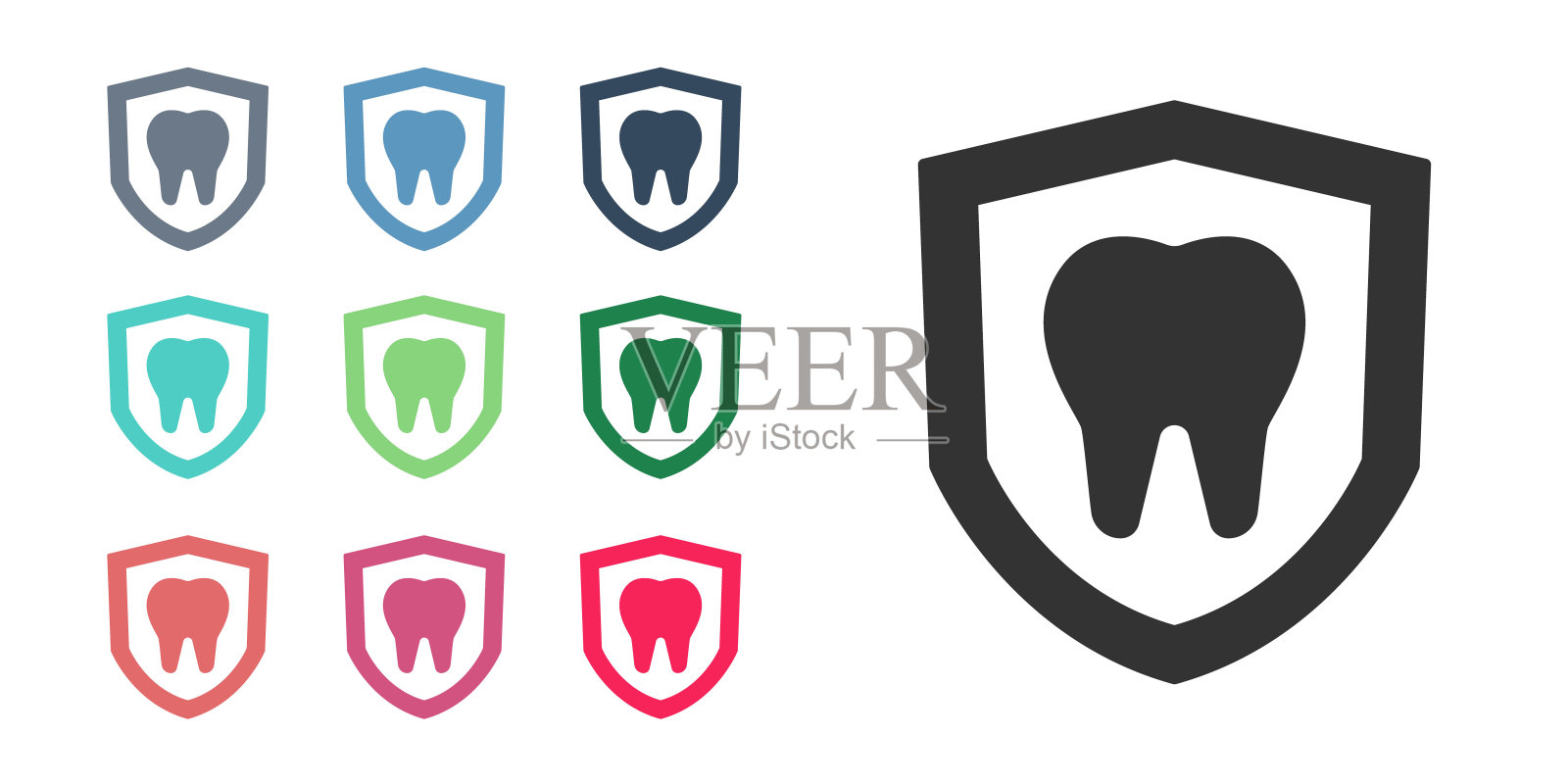 黑色牙齿保护图标隔离在白色背景。盾牌上的牙齿标志。设置图标彩色。向量图标素材