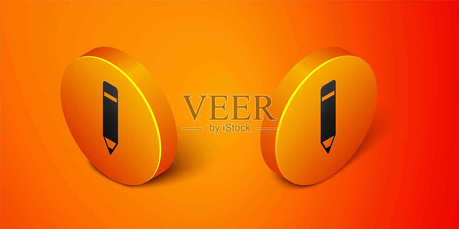 等距铅笔与橡皮图标隔离在橙色背景。绘画和教育工具。学校办公室标志。橙色圆圈按钮。向量图标素材