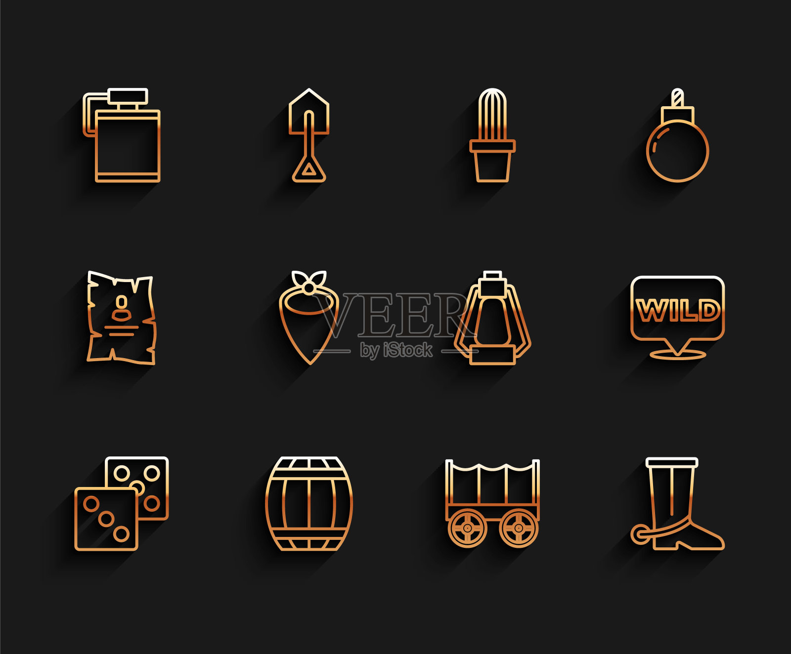 集线游戏骰子,枪火药桶,水壶,西部野生篷车,牛仔靴,手帕,指针野生和露营灯笼图标。向量图标素材