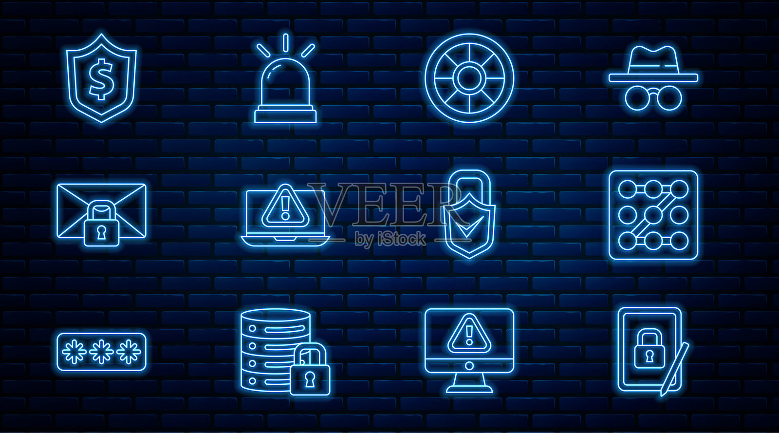 设置线平板电脑与封闭挂锁,图形密码保护,安全,笔记本电脑感叹号,邮件消息,盾牌美元,锁定和检查和运动传感器图标。向量插画图片素材