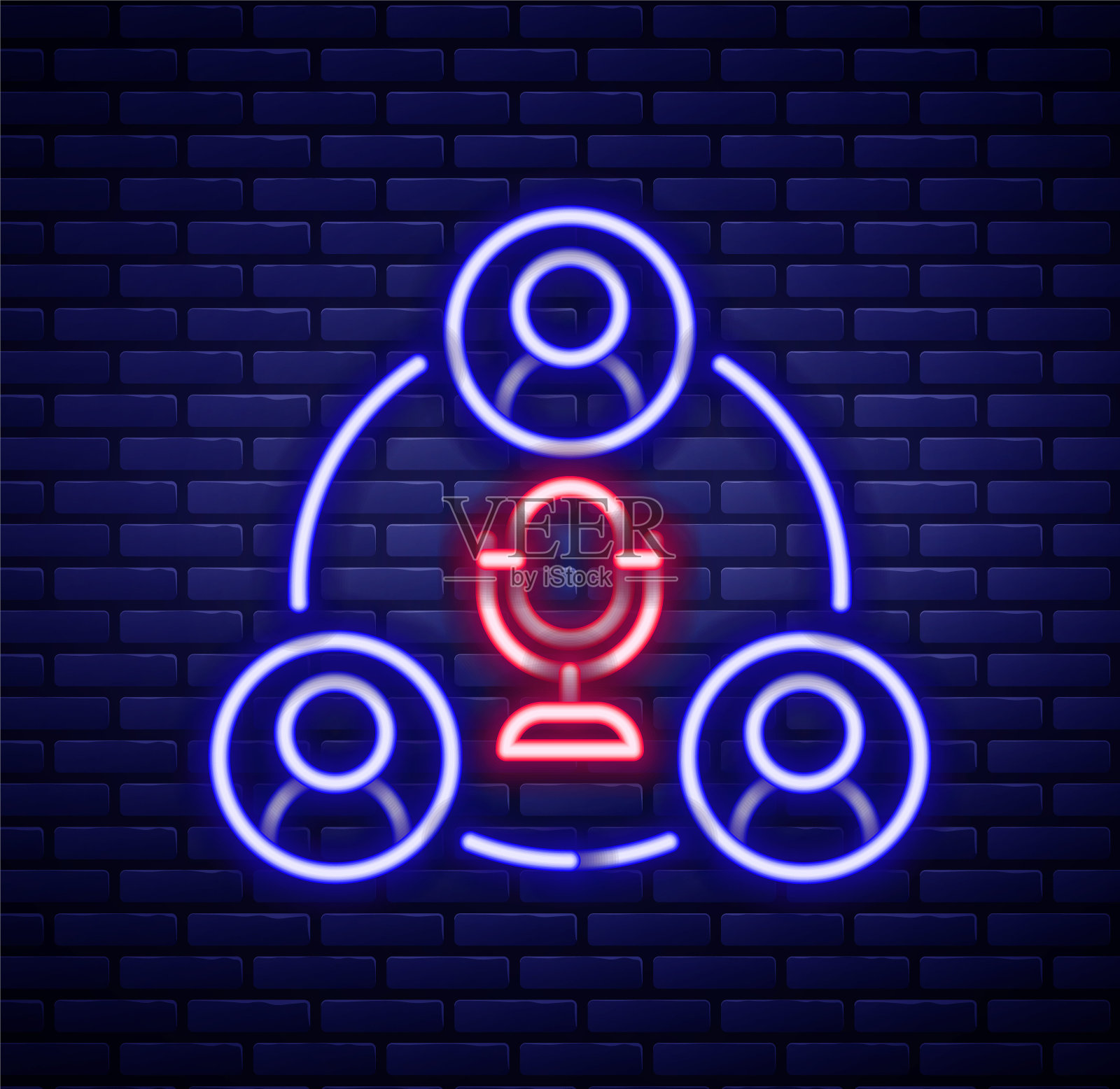 发光的霓虹灯线会议图标孤立的砖墙背景。业务团队会议,讨论概念,分析,内容策略。演讲会议。色彩缤纷的轮廓概念。向量插画图片素材