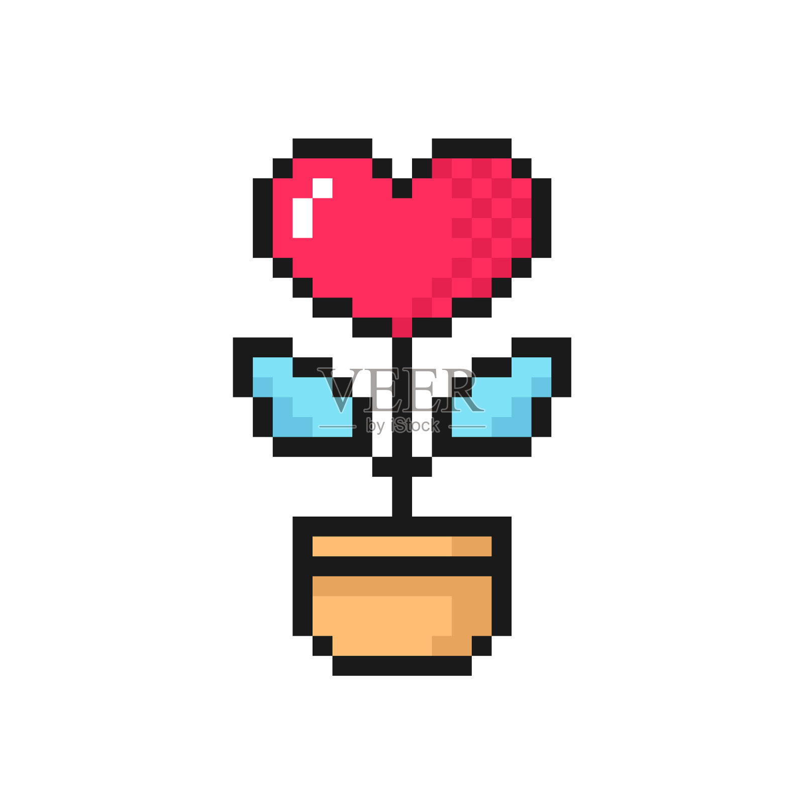 盆栽心形花朵像素图标 - 情人节矢量图插画图片素材