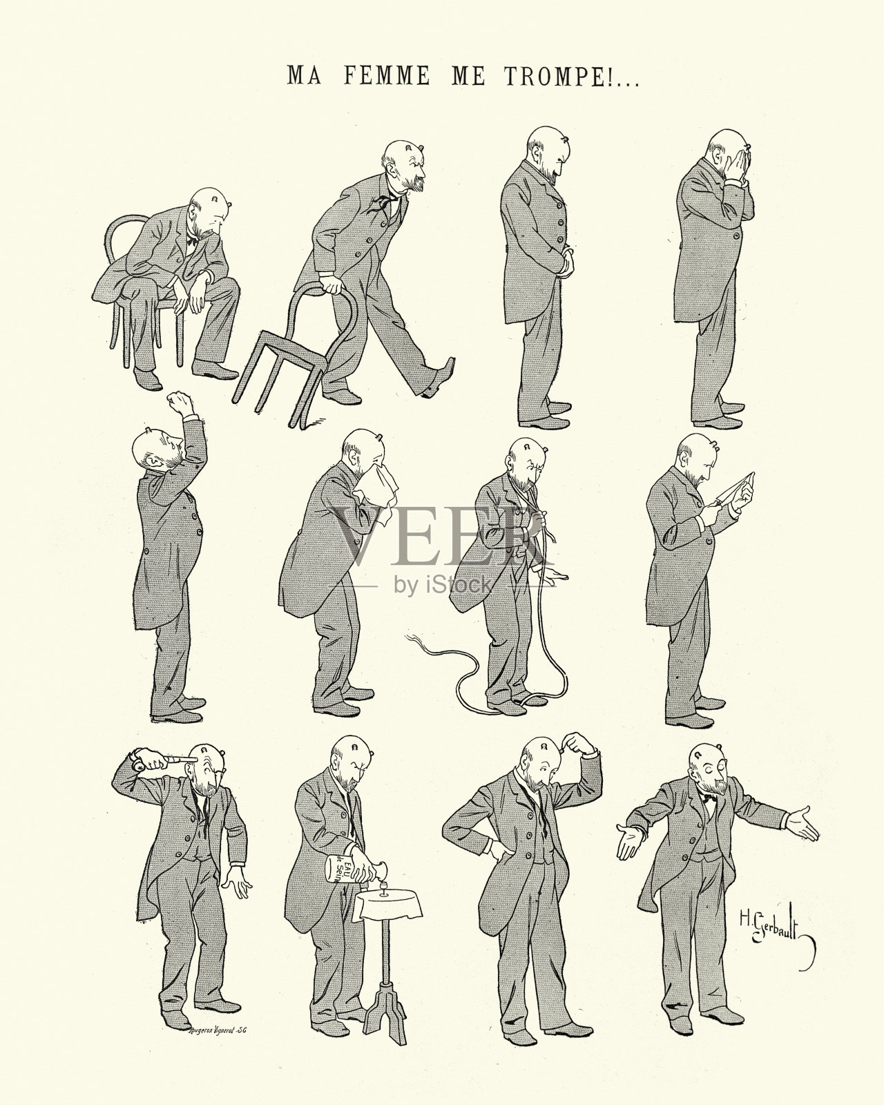 一个想自杀的男人,我妻子对我不忠,维多利亚时代的法国卡通插画图片素材