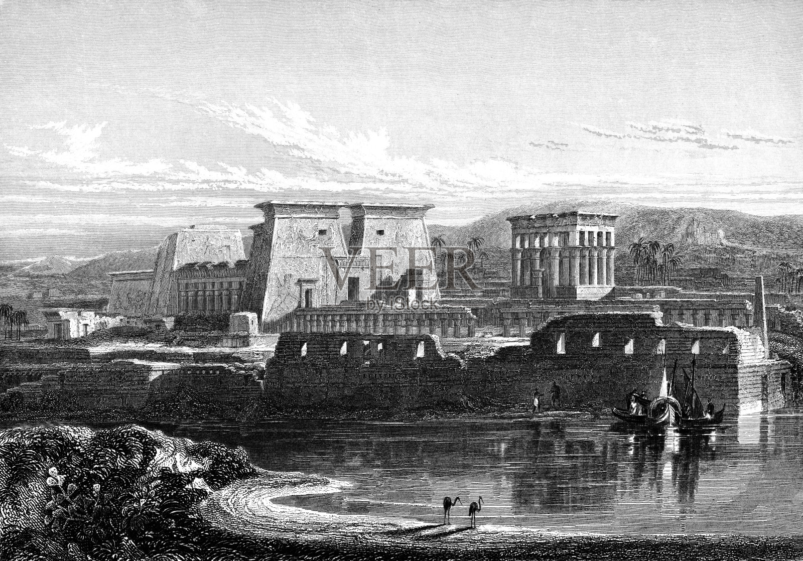 埃及阿斯旺菲莱神庙遗址,大卫·罗伯茨绘 - 19世纪奥斯曼帝国插画图片素材