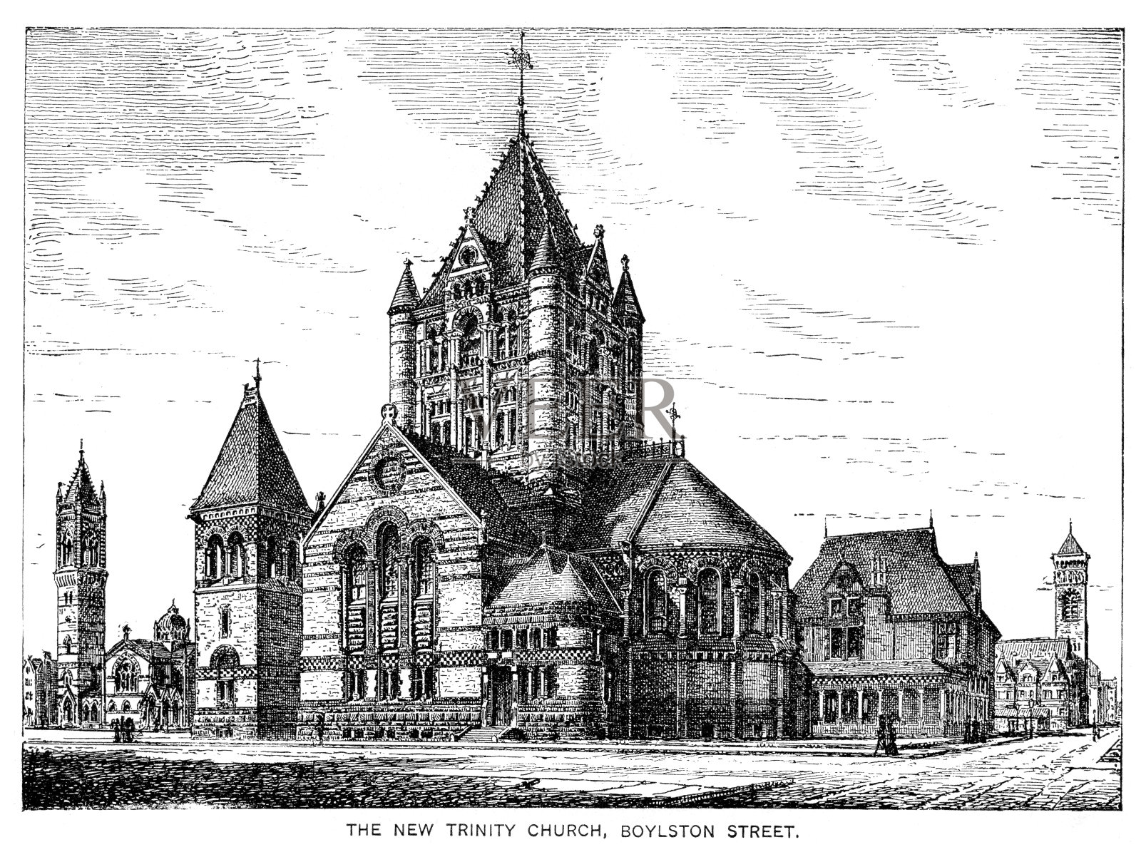 美国马萨诸塞州波士顿新三一教堂,1883年插画图片素材