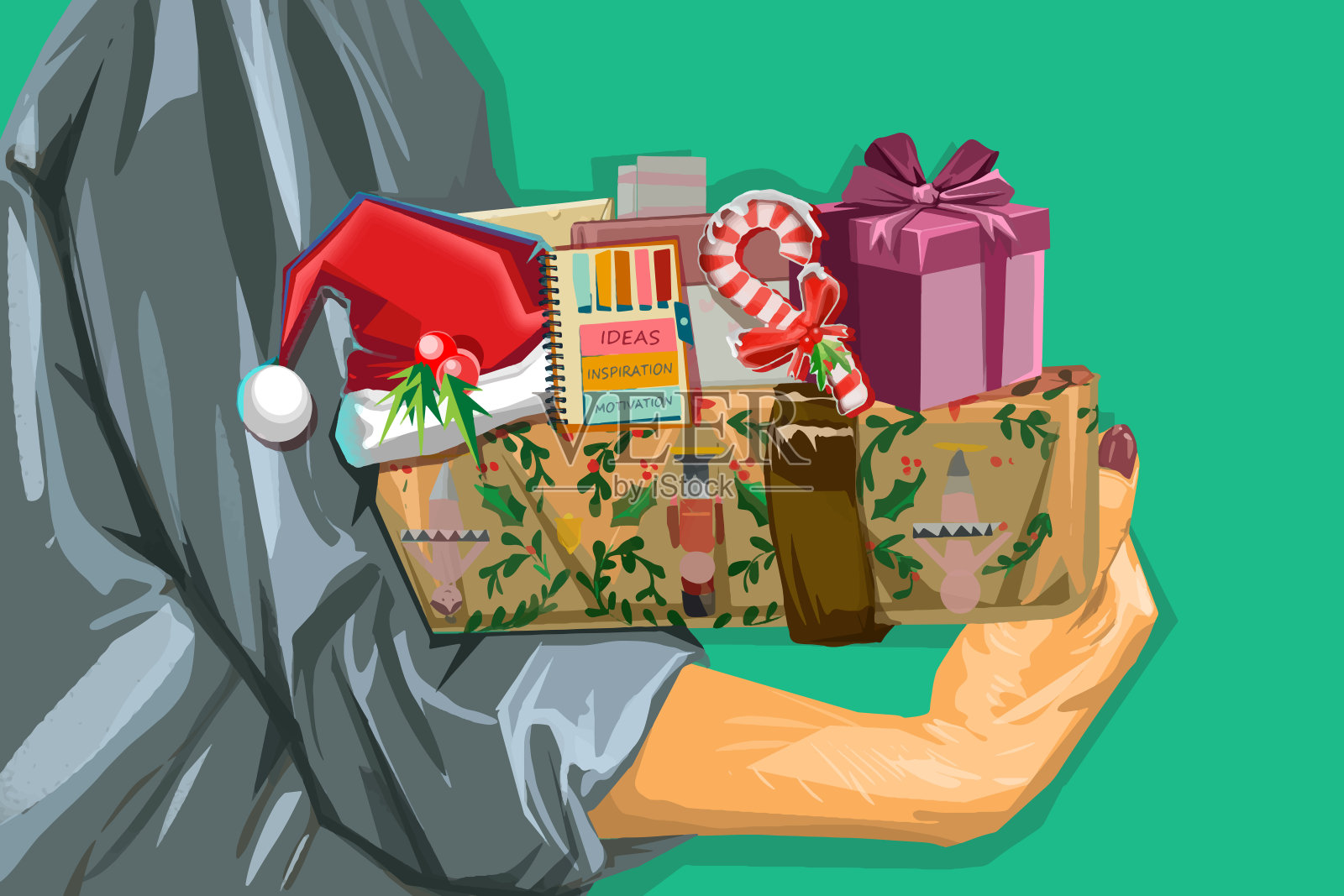 拿着包装好的礼物的女人插画图片素材