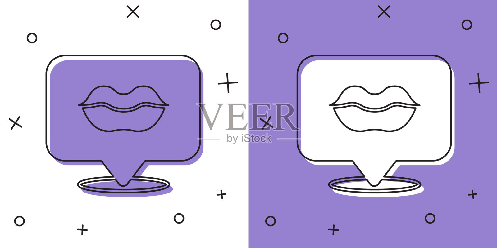 设置微笑的嘴唇图标孤立的白色和紫色插画图片素材