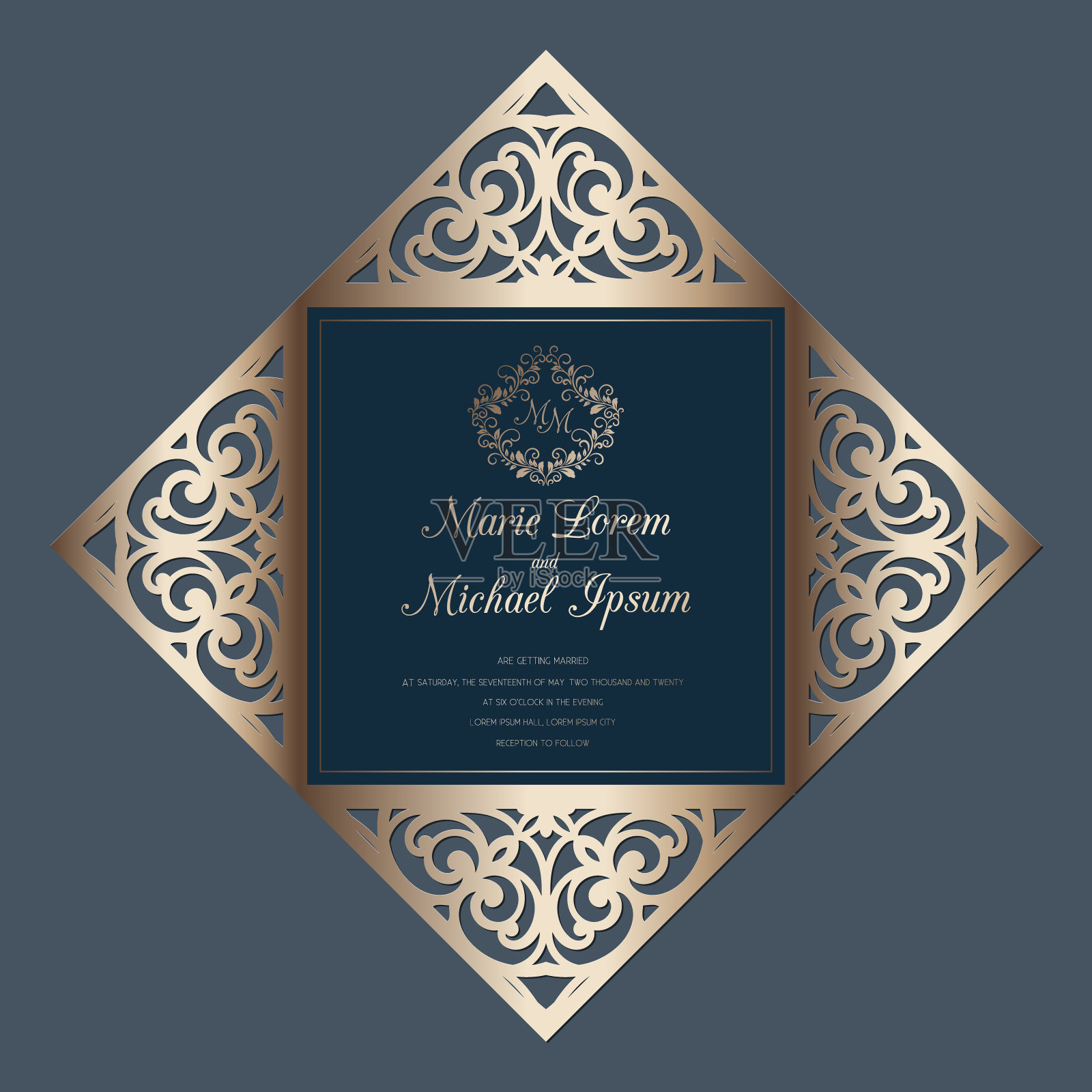 婚礼四折卡激光切割模板,矢量。适合制作贺卡、请柬、菜单。设计模板素材