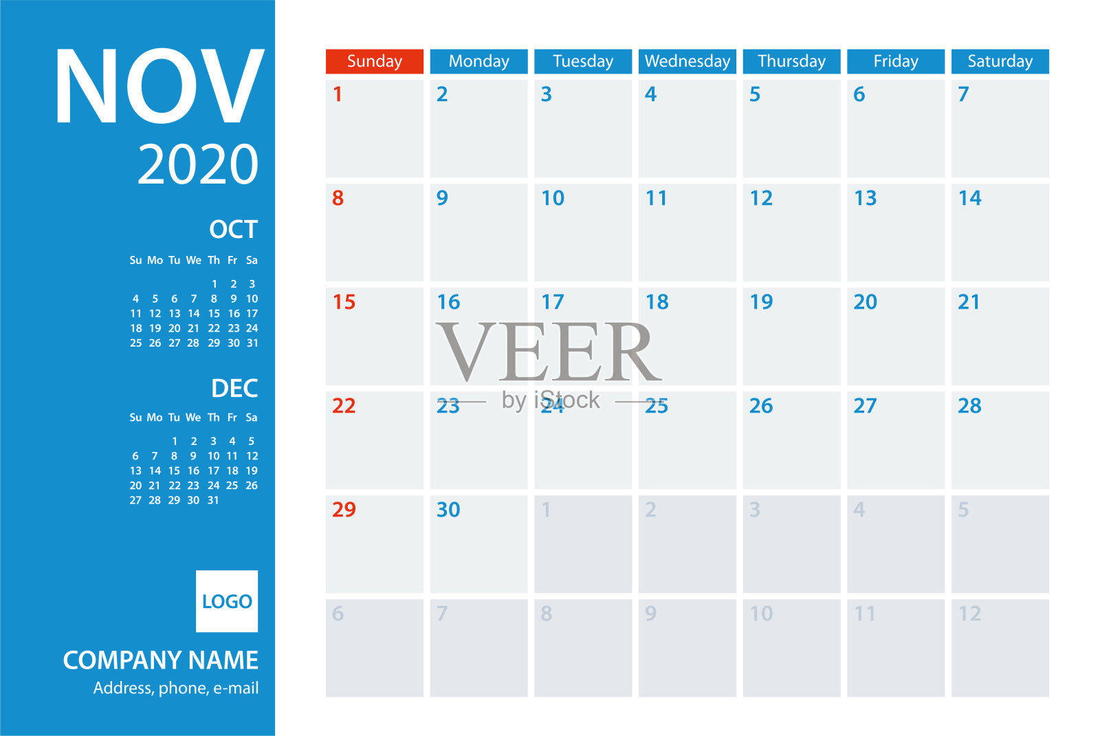 2020年11月日历规划师矢量模板。一周周日设计模板素材