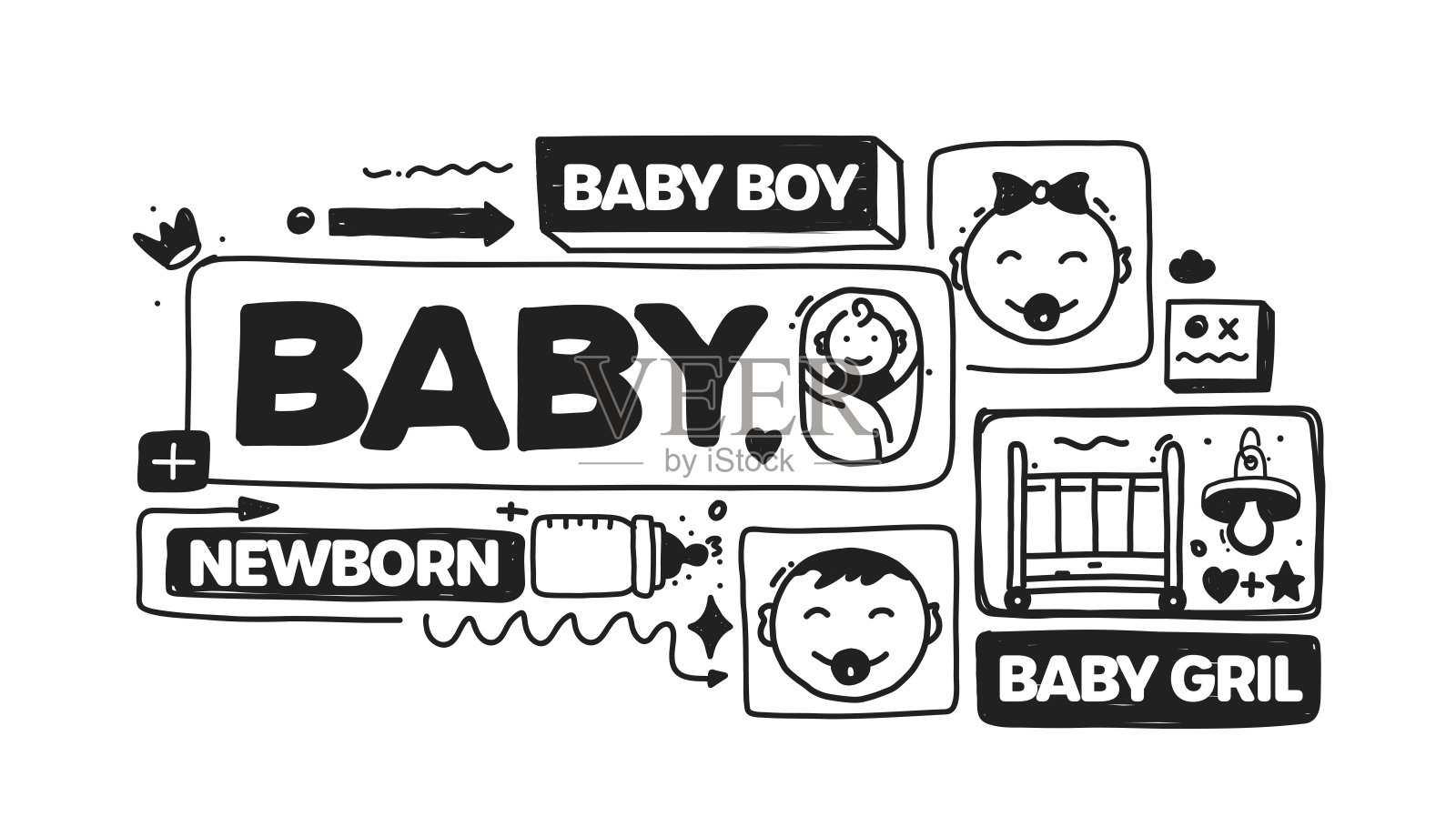 婴儿对象和元素。矢量涂鸦插图收集。手绘图标集或横幅模板插画图片素材