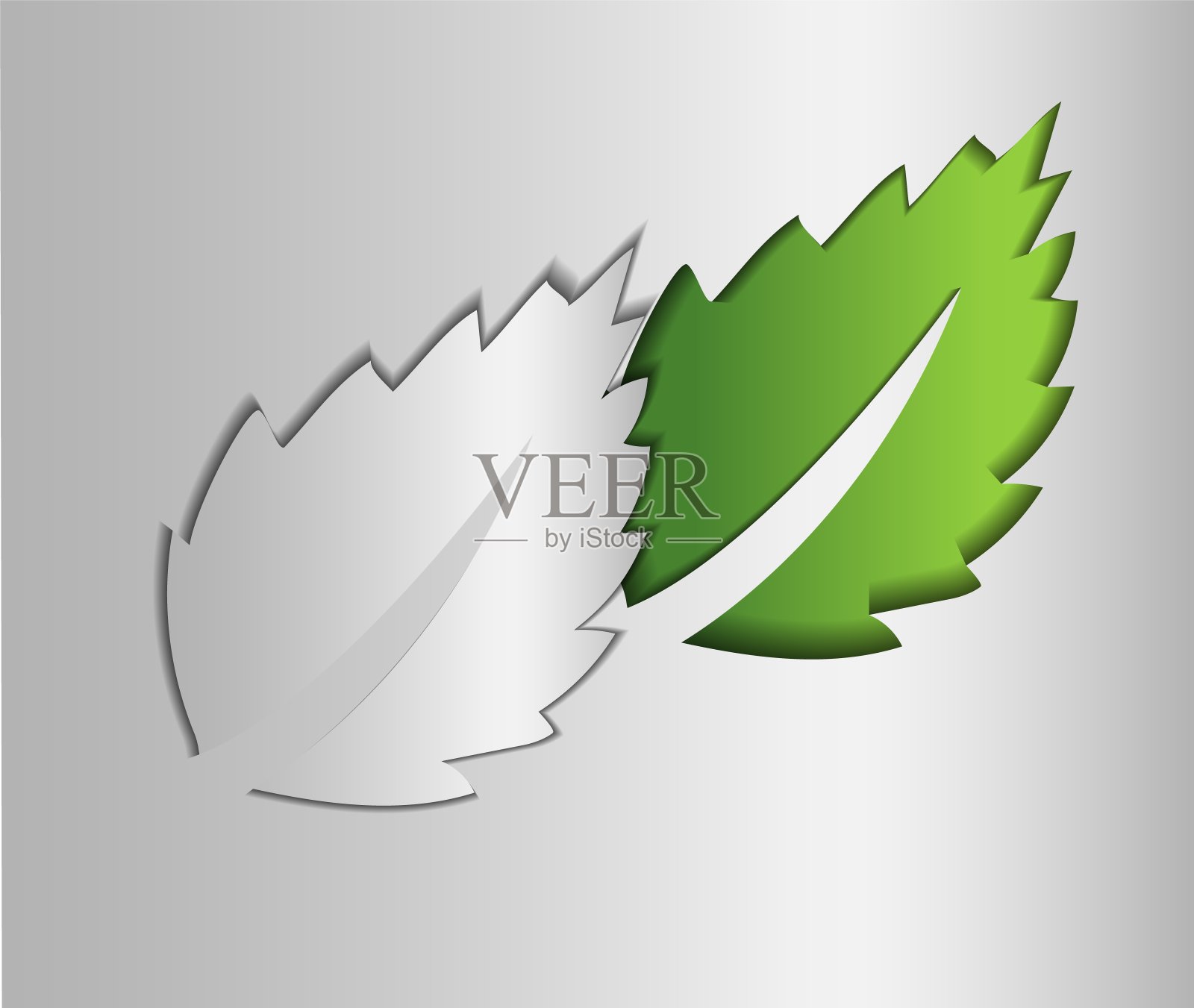 生态友好的绿色标志上的银色背景与绿叶剪纸风格。绿色生态理念,清洁生态,产品环境友好,生态友好插画图片素材