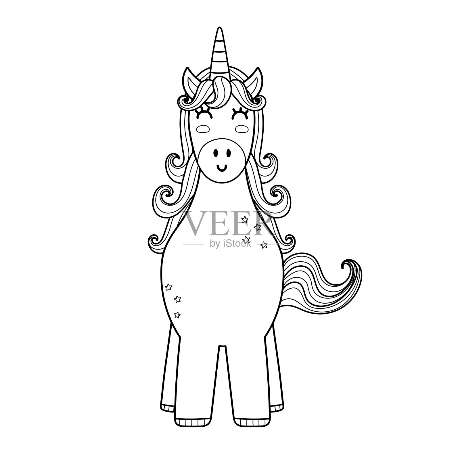 可爱的魔法独角兽人物轮廓。美丽的黑白童话动物插画图片素材