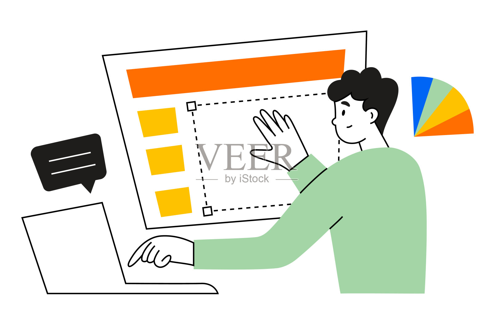 学生学习网页设计,数字专业在线课程,手绘构图与网站页面和调色板插画图片素材