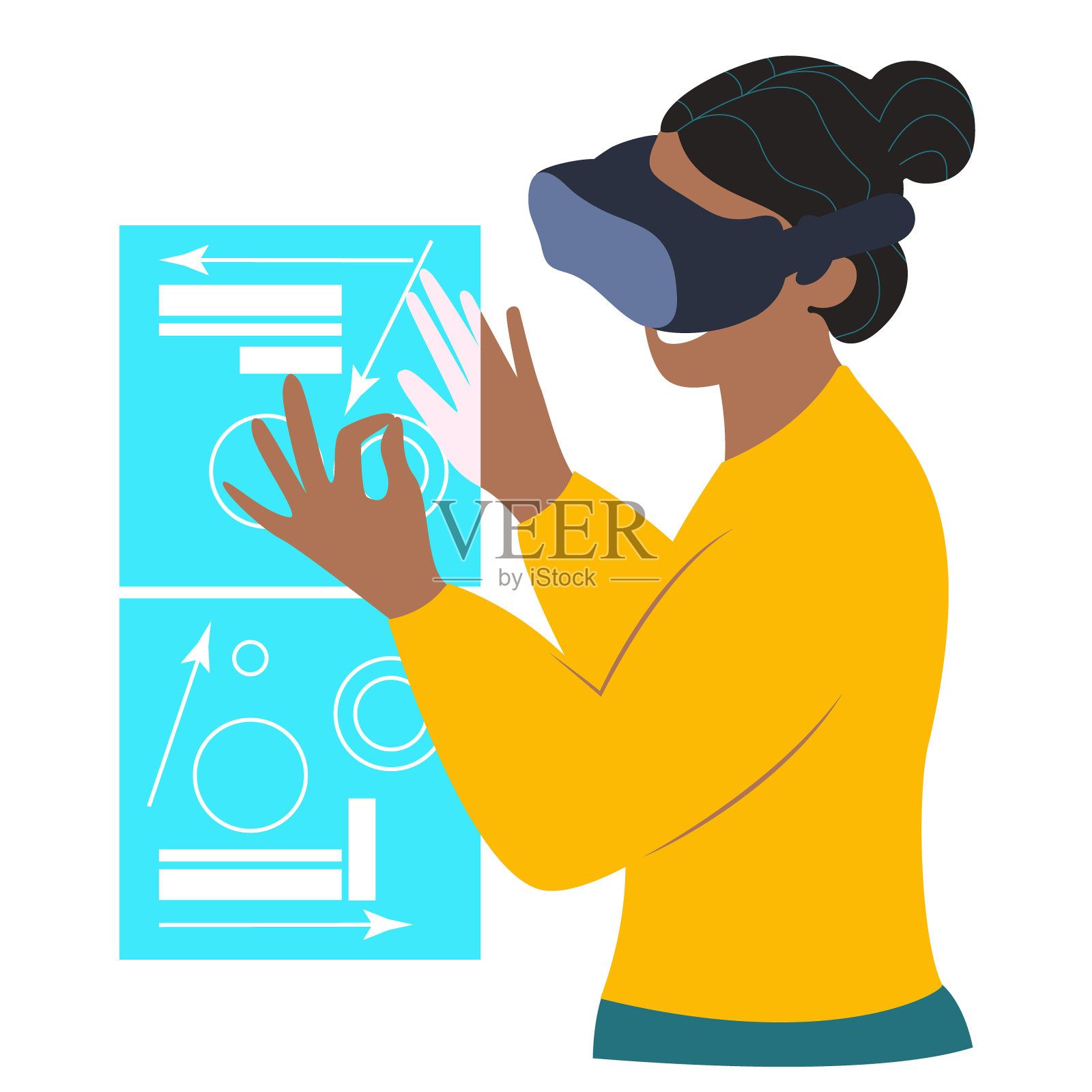 热情的女人使用虚拟现实眼镜和触摸虚拟现实界面。插画图片素材