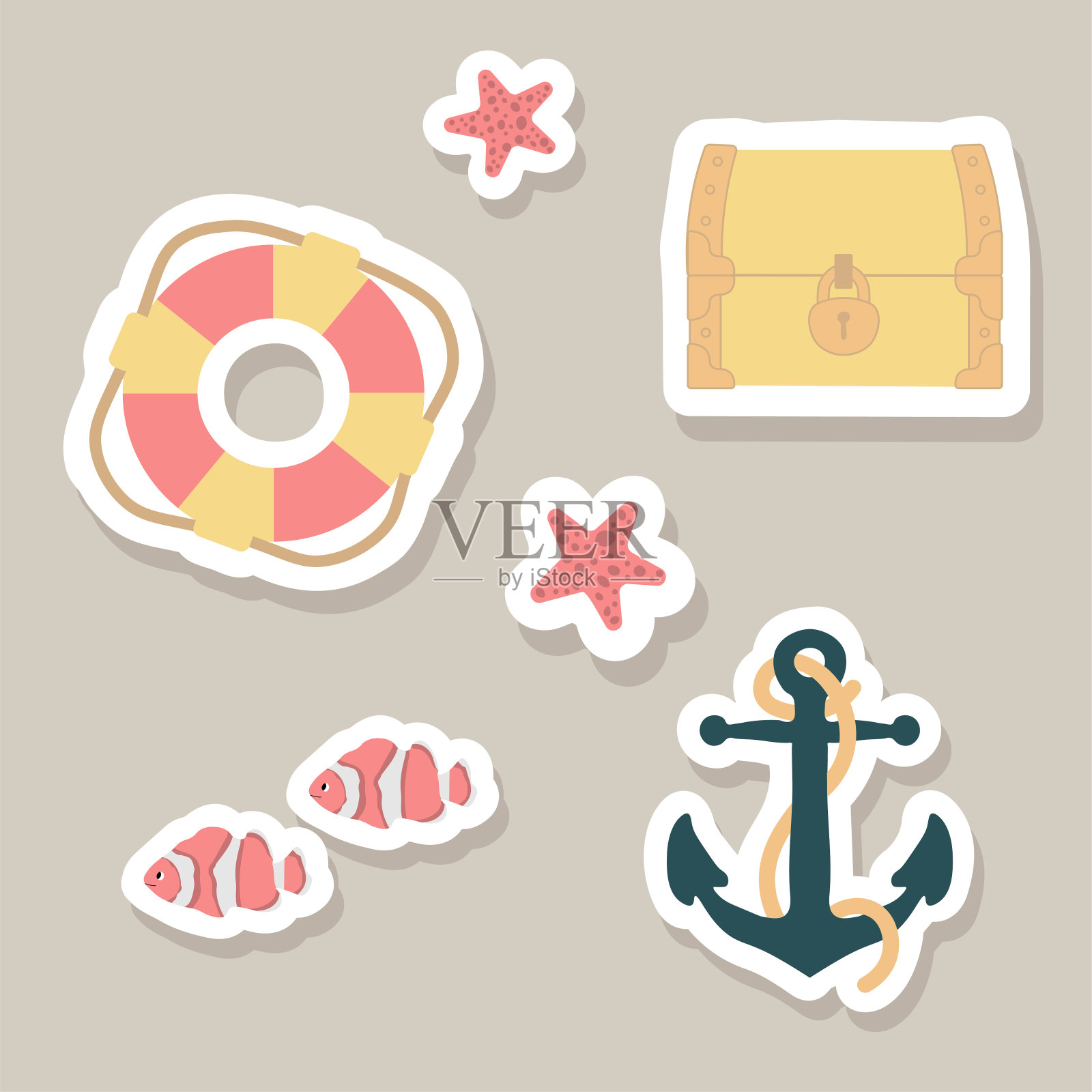 可爱的矢量贴纸集救生圈,宝箱,小丑鱼,锚,海星。水下海洋动物。可爱的海洋插图织物,儿童服装,书籍,明信片,包装纸插画图片素材