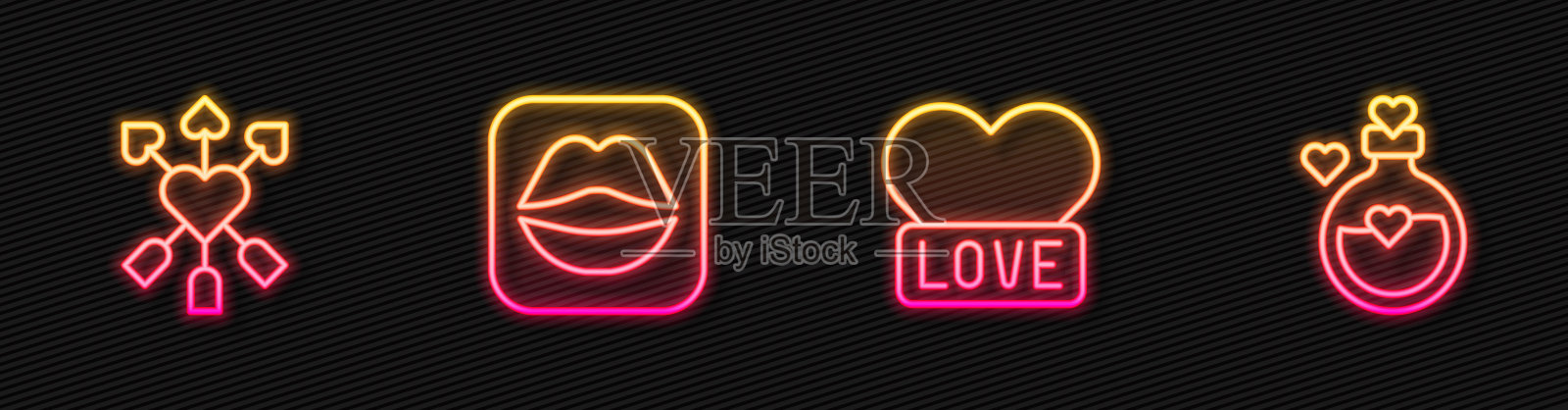 设线心,爱与心和箭,微笑的嘴唇和瓶子的爱情药水。发光的霓虹灯图标。向量图标素材