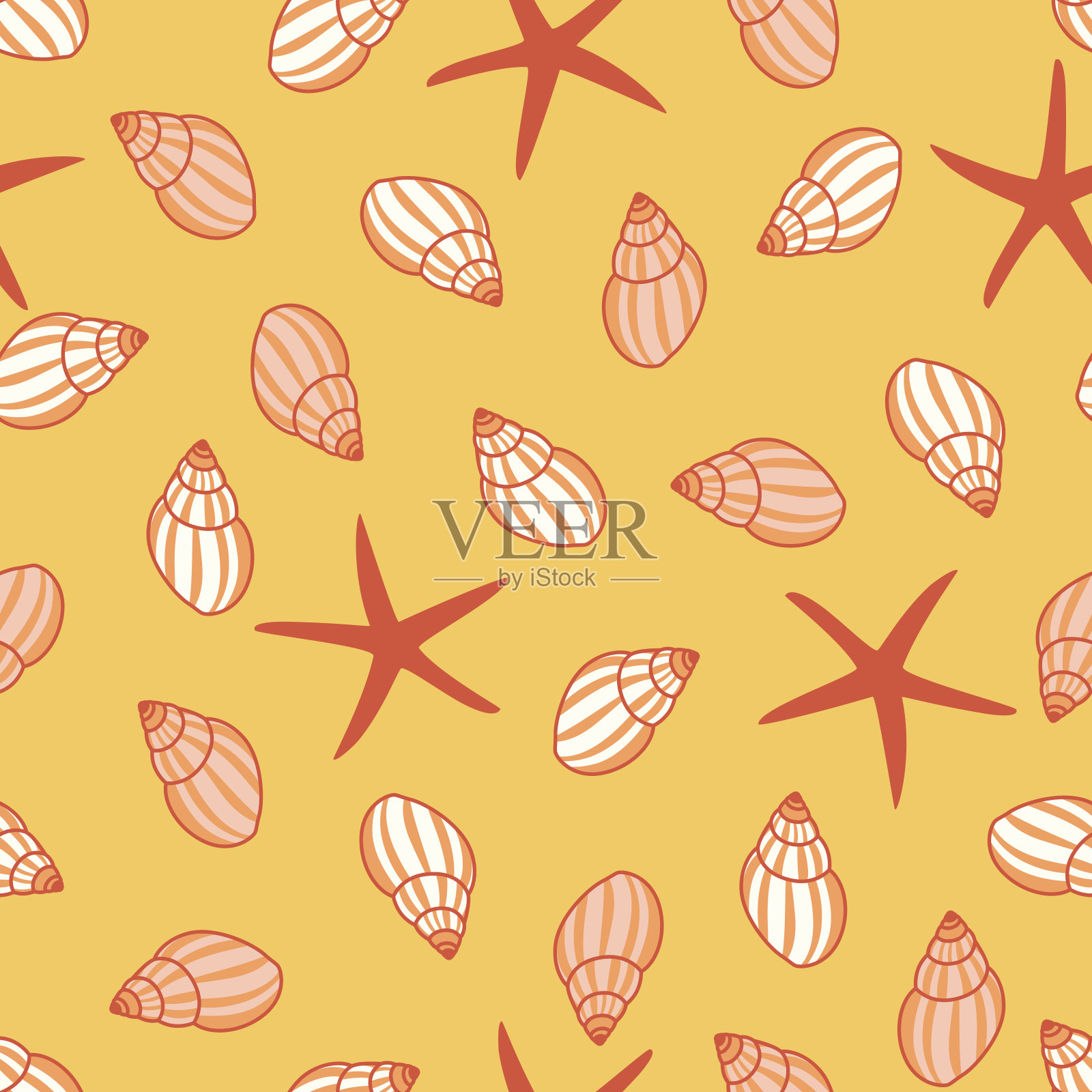 矢量无缝表面图案设计与贝壳和海星。插画图片素材