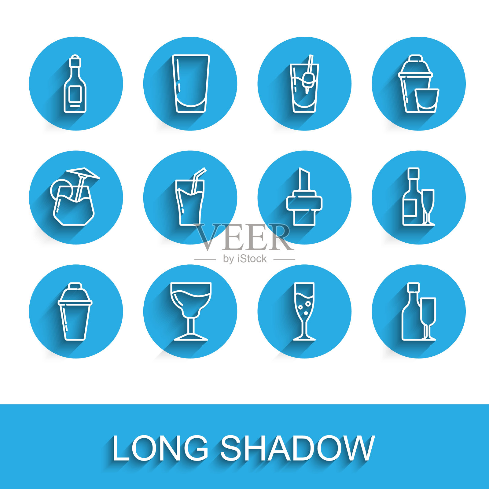 设置线鸡尾酒摇壶,葡萄酒杯,香槟瓶,香槟杯,与,果汁,和木软木塞葡萄酒图标。向量插画图片素材