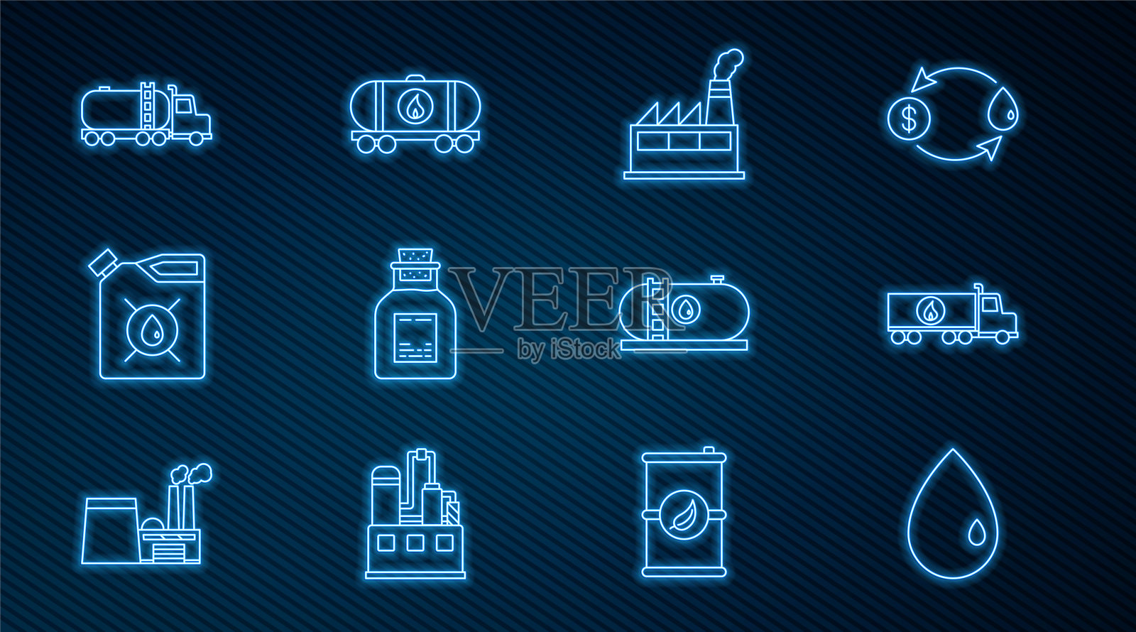 集线油滴,油罐车,工业厂房,汽油试管,汽油机油罐,铁路储罐图标。向量插画图片素材